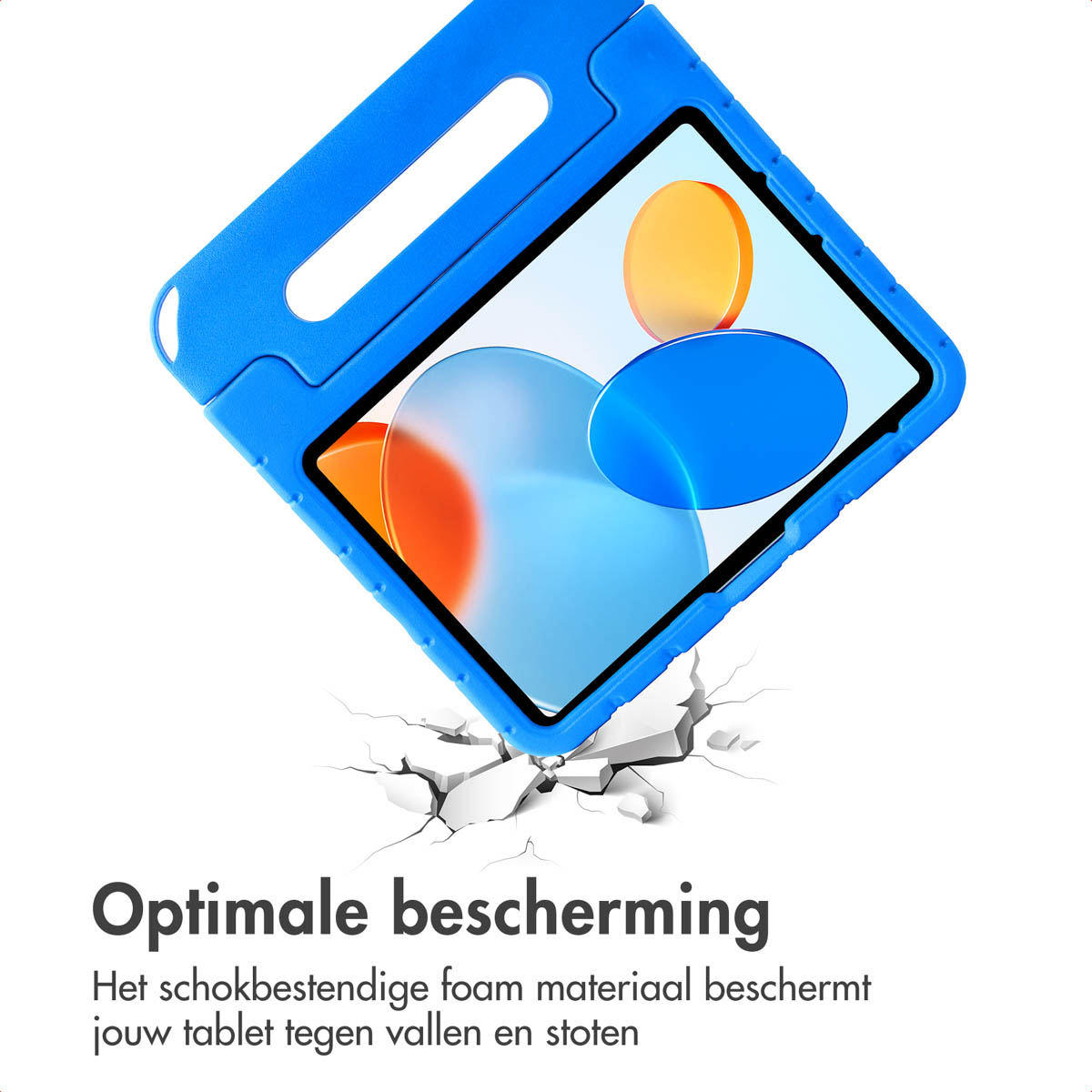 Blue tablet case on a white background, cracked ground. Text: Optimal protection. Shock-resistant foam.