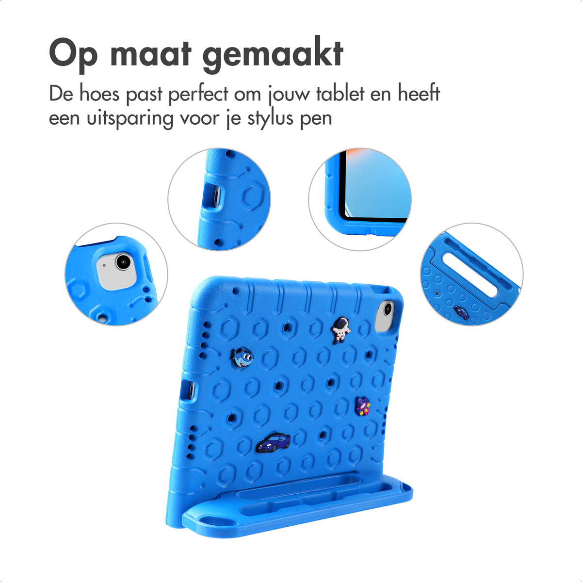 Blue tablet case with various stickers. Tablet is in the case. The case is on a table.