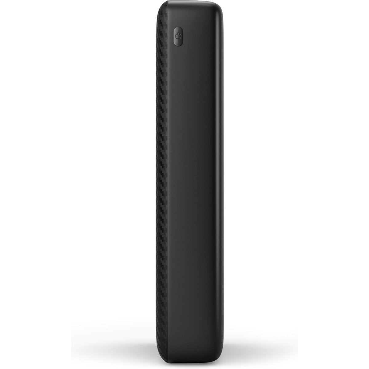 Schwarze Powerbank, vertikal, mit Ein-/Aus-Taste und strukturierter Oberfläche.