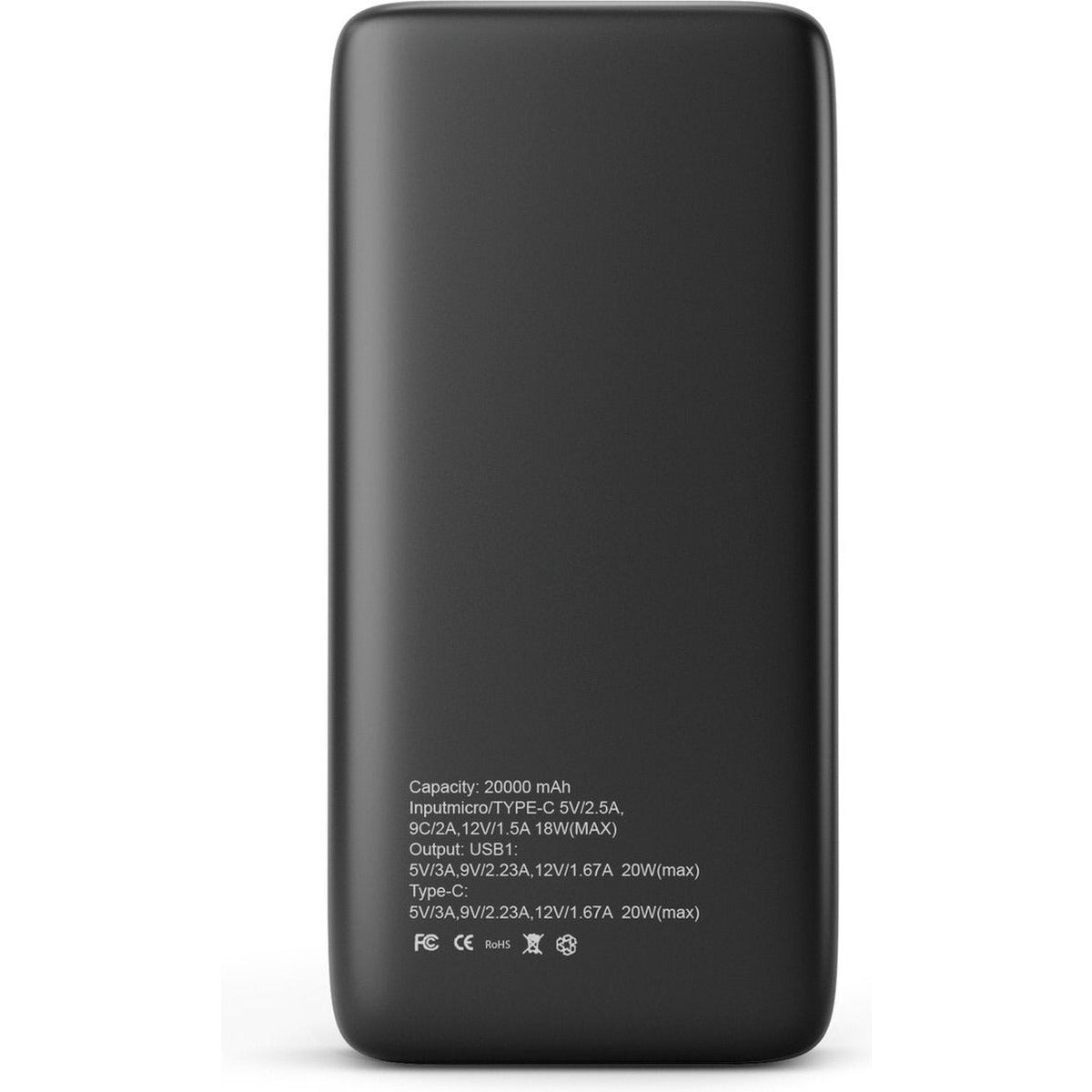 Schwarze Powerbank mit Details auf der Rückseite, einschließlich Kapazität, Ein-/Ausgang, USB und Typ-C.