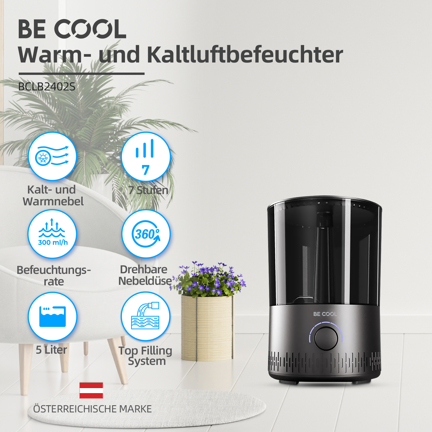 Luftbefeuchter mit Symbolen, Eigenschaften und Pflanze. Text: BE COOL. Warm- und Kaltluftbefeuchter.