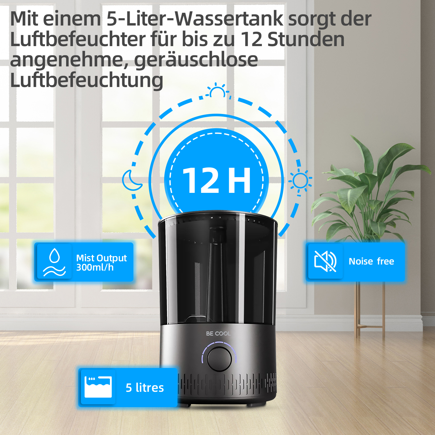 Luftbefeuchter mit Text, Symbolen und Fensterblick. Text: BE COOL. 12-Stunden-Befeuchtung.