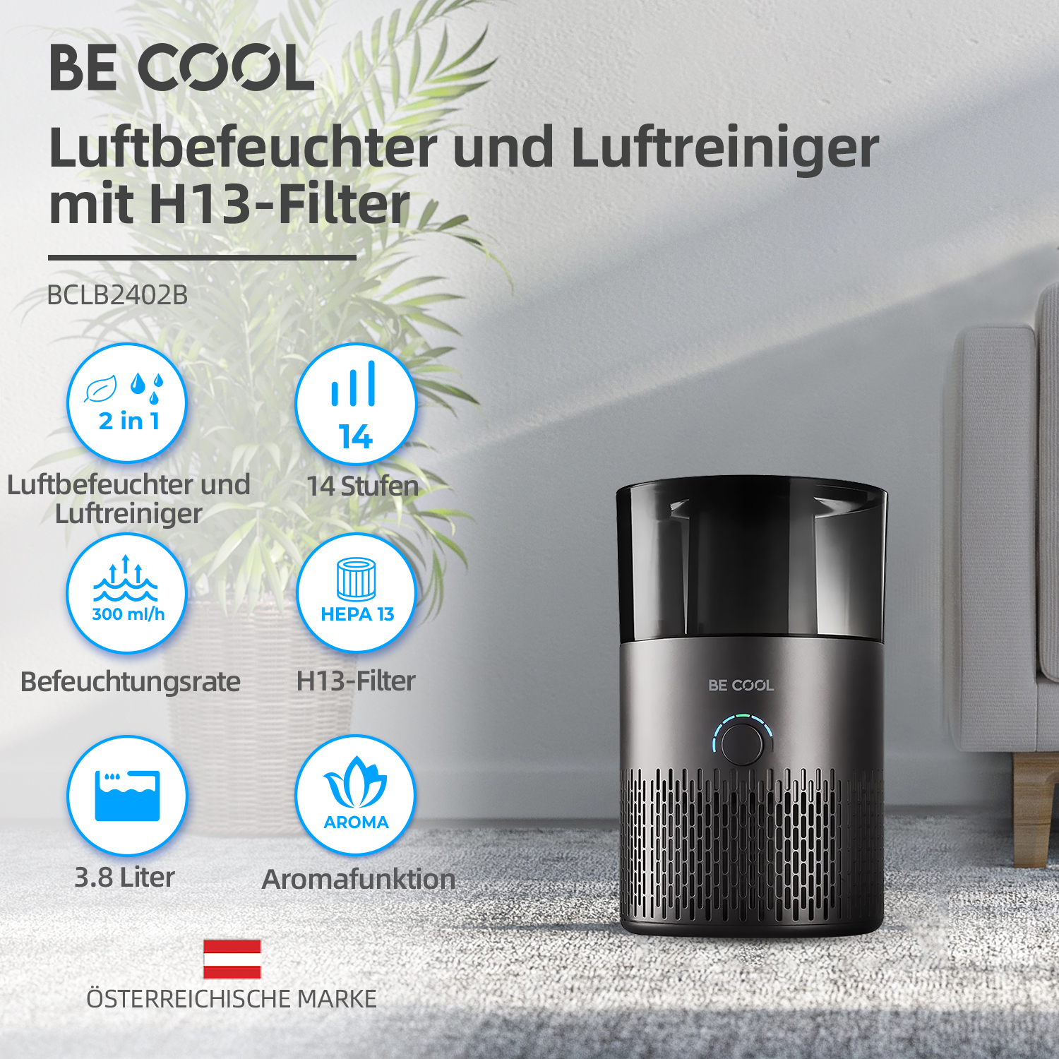 Purificatore d'aria e umidificatore con icone e testo. Testo: BE COOL. Con filtro H13.