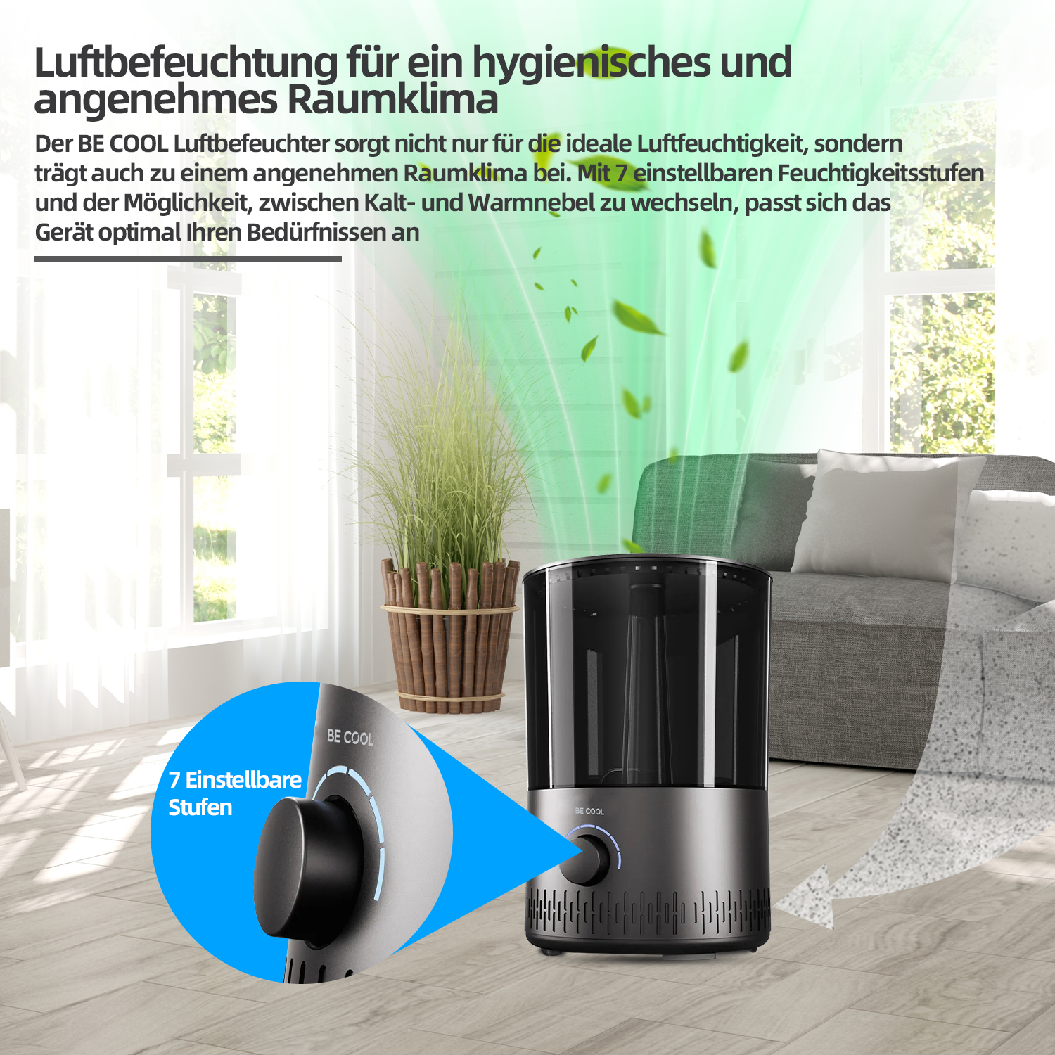 Luftbefeuchter mit einstellbaren Einstellungen. Text: 7 einstellbare Stufen, saubere Luft.
