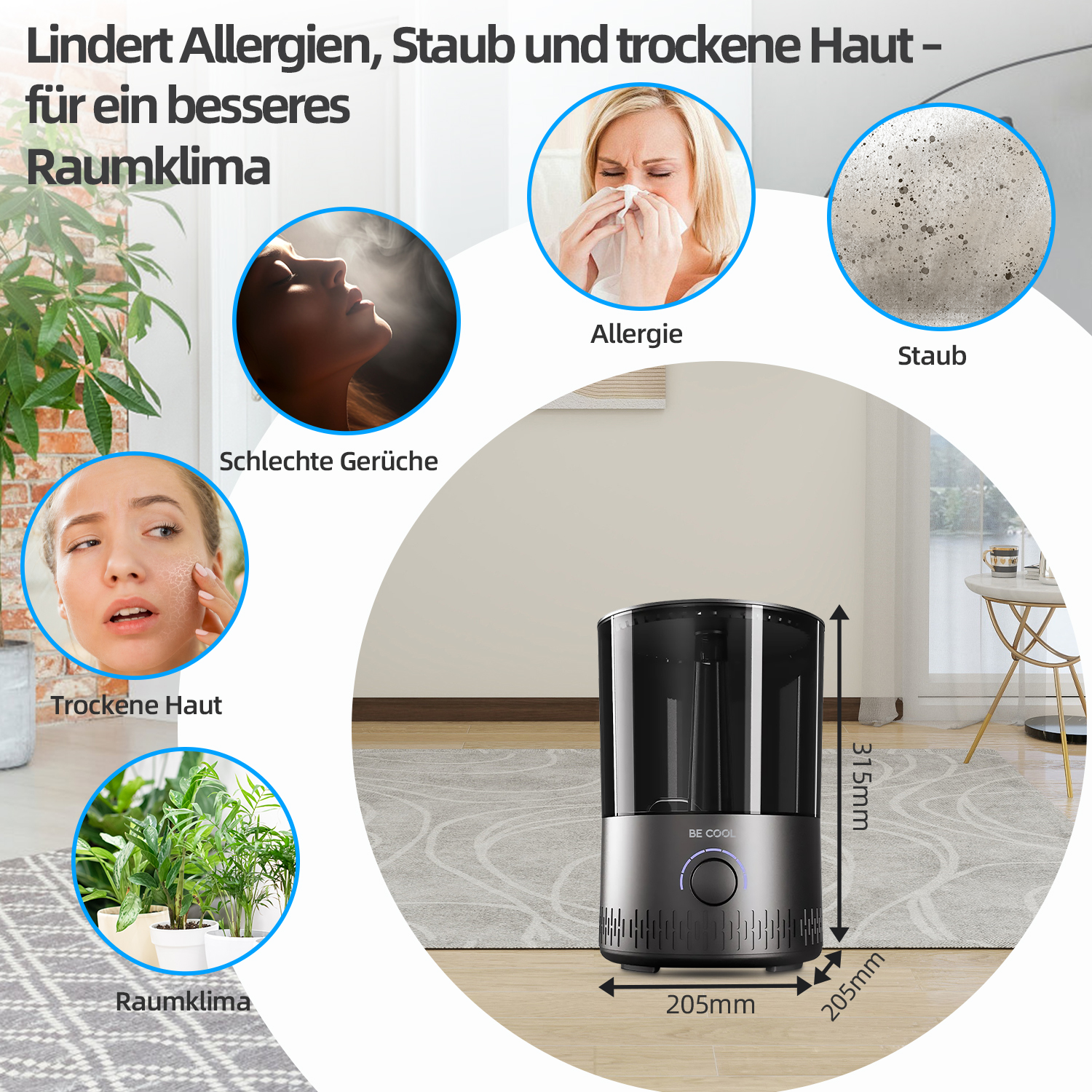 Luftbefeuchter mit Symbolen, die Vorteile zeigen: Allergien, trockene Haut usw. Text: BE COOL.