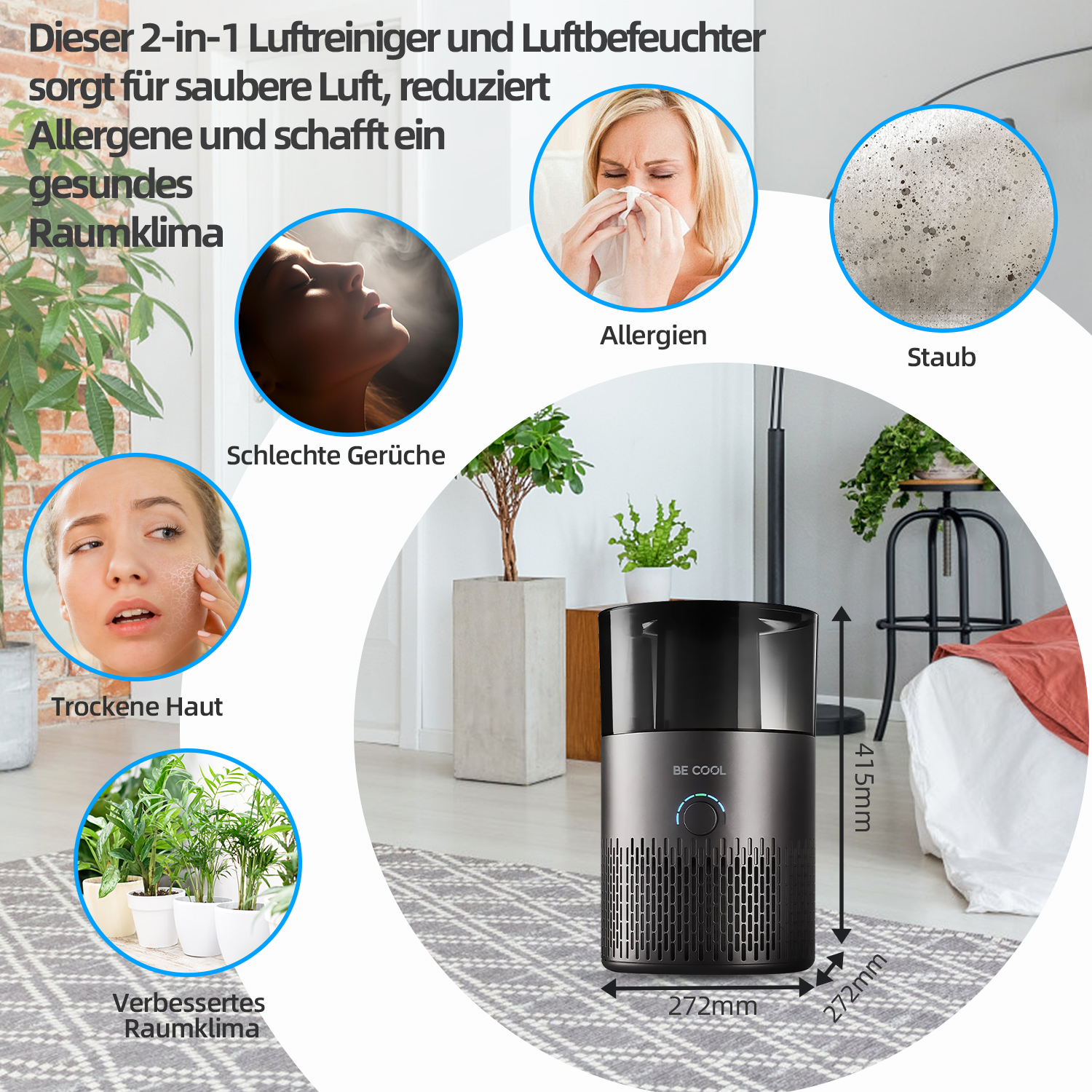 Purificatore d'aria nero con dimensioni indicate, circondato da immagini: allergie, polvere, pelle secca, cattivi odori e migliore qualità dell'aria.