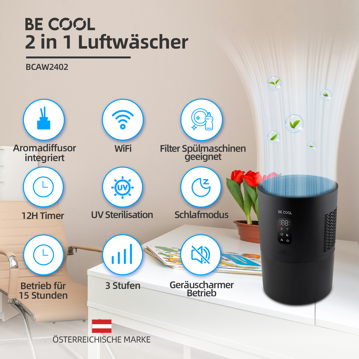 Luftreiniger mit Symbolen, Text und einer roten Tulpe. Der Reiniger steht auf einem weißen Tisch.