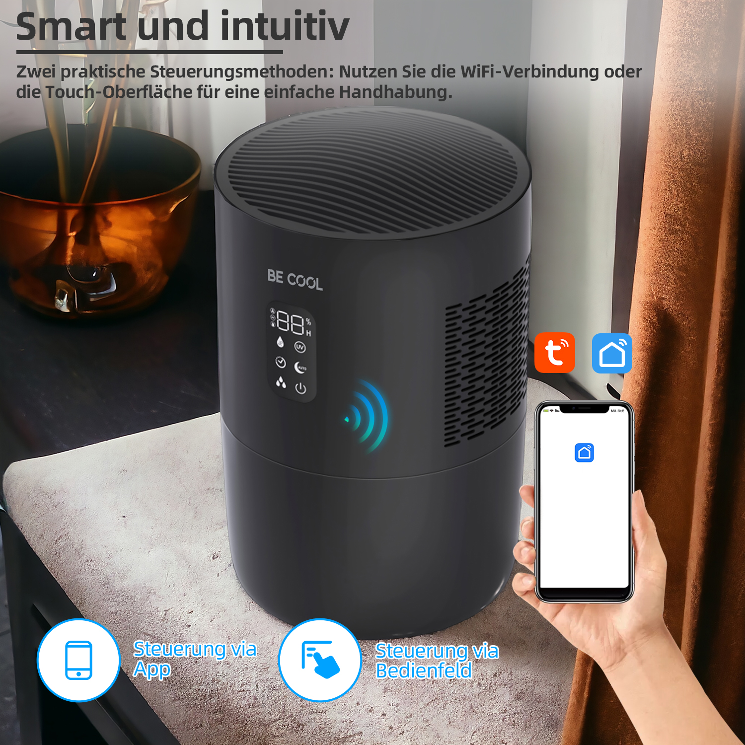 Luftreiniger mit Touch-Steuerung und WLAN. Text: Steuerung per App und Bedienfeld.
