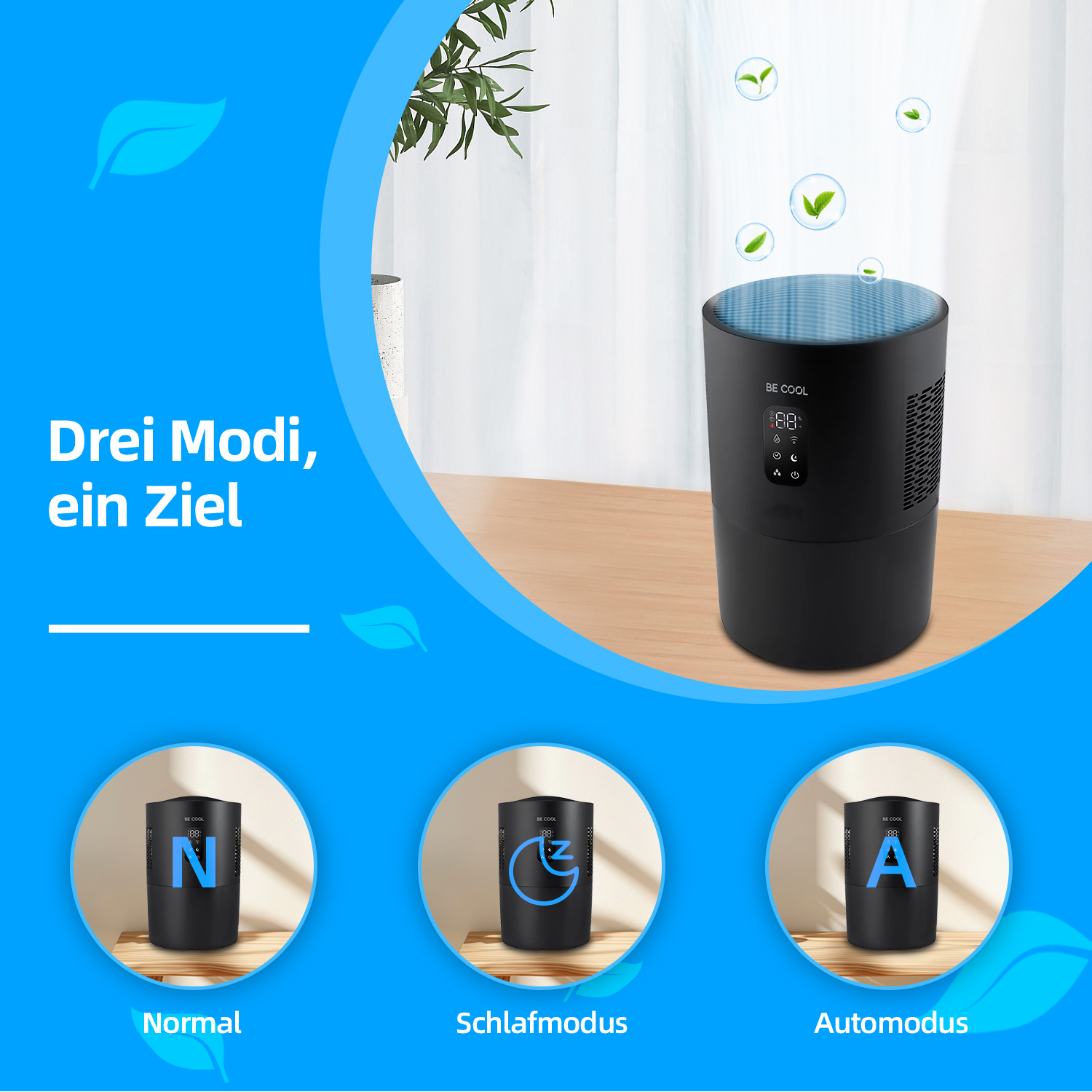 Luftreiniger mit drei Modi: Normal, Schlaf und Auto. Text: Drei Modi, ein Ziel.