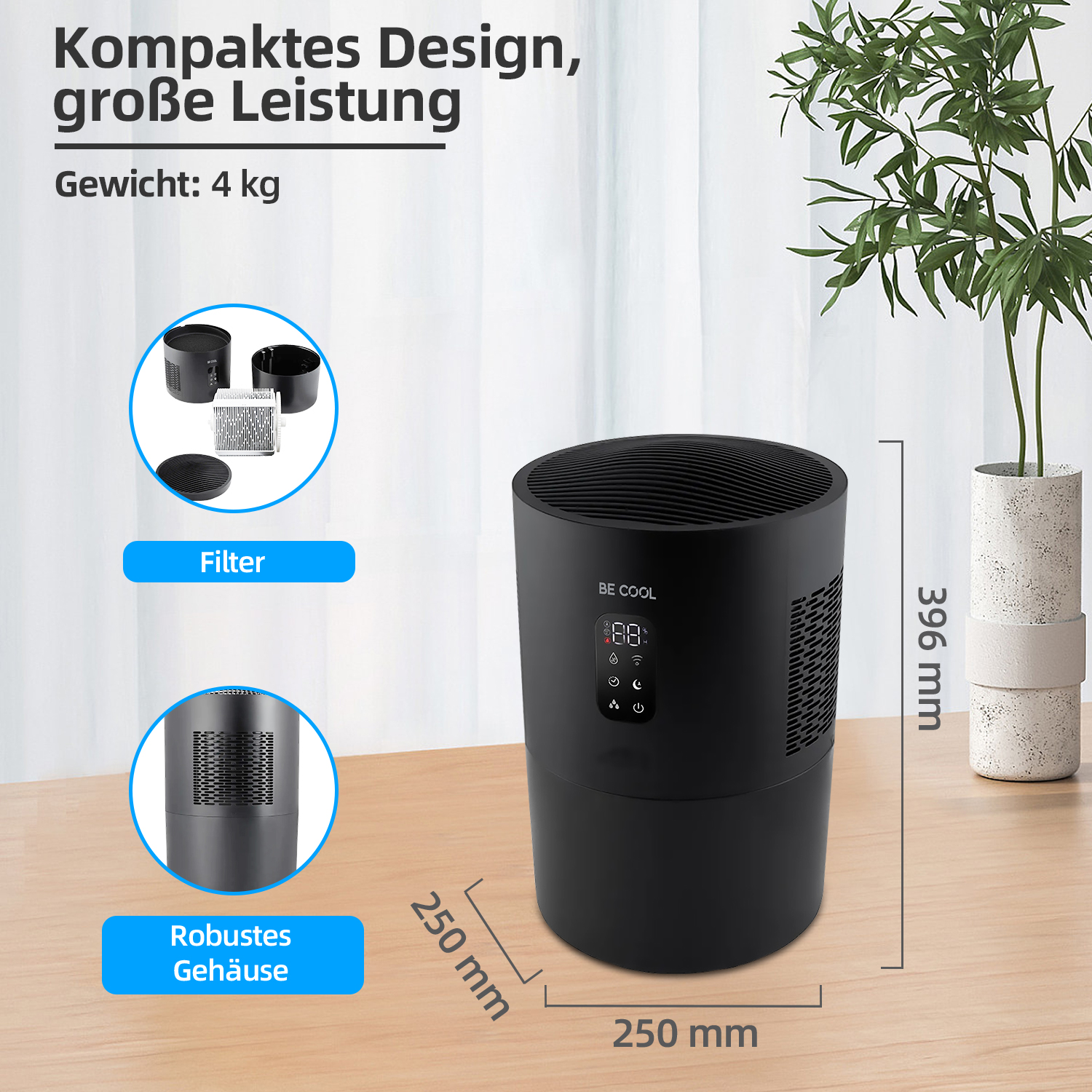 Luftreiniger mit Abmessungen und Filterdetails. Text: Kompaktes Design, große Leistung.