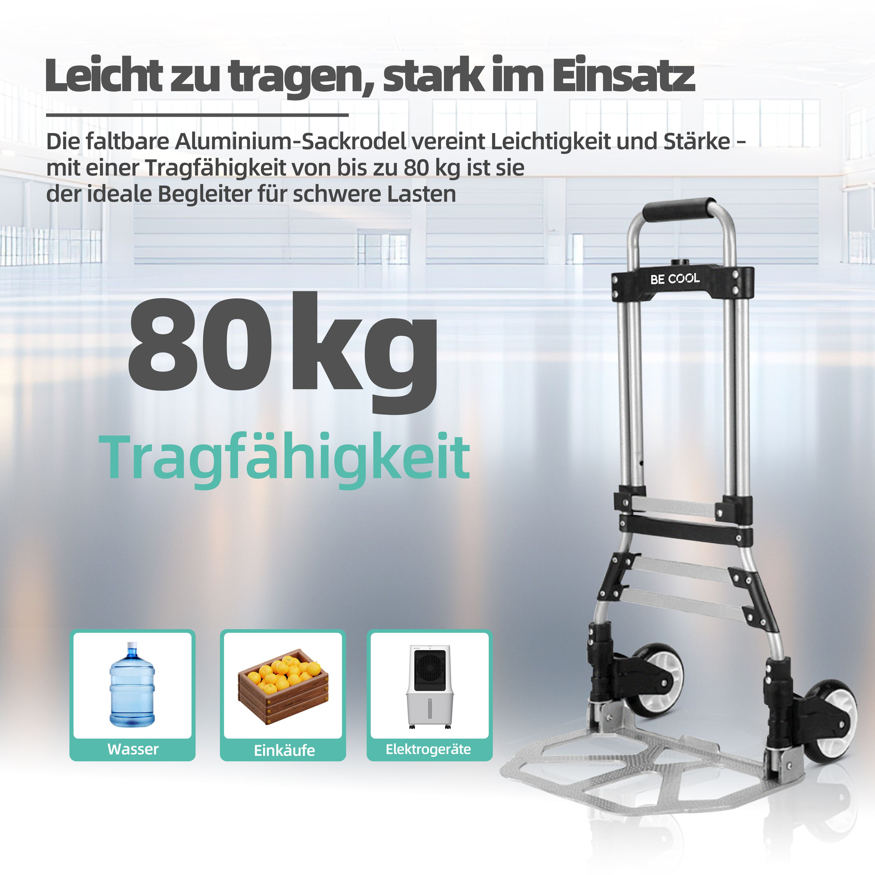 Faltbarer Aluminium-Handwagen mit Wasserflasche, Einkäufen und Elektrogeräte-Symbolen.