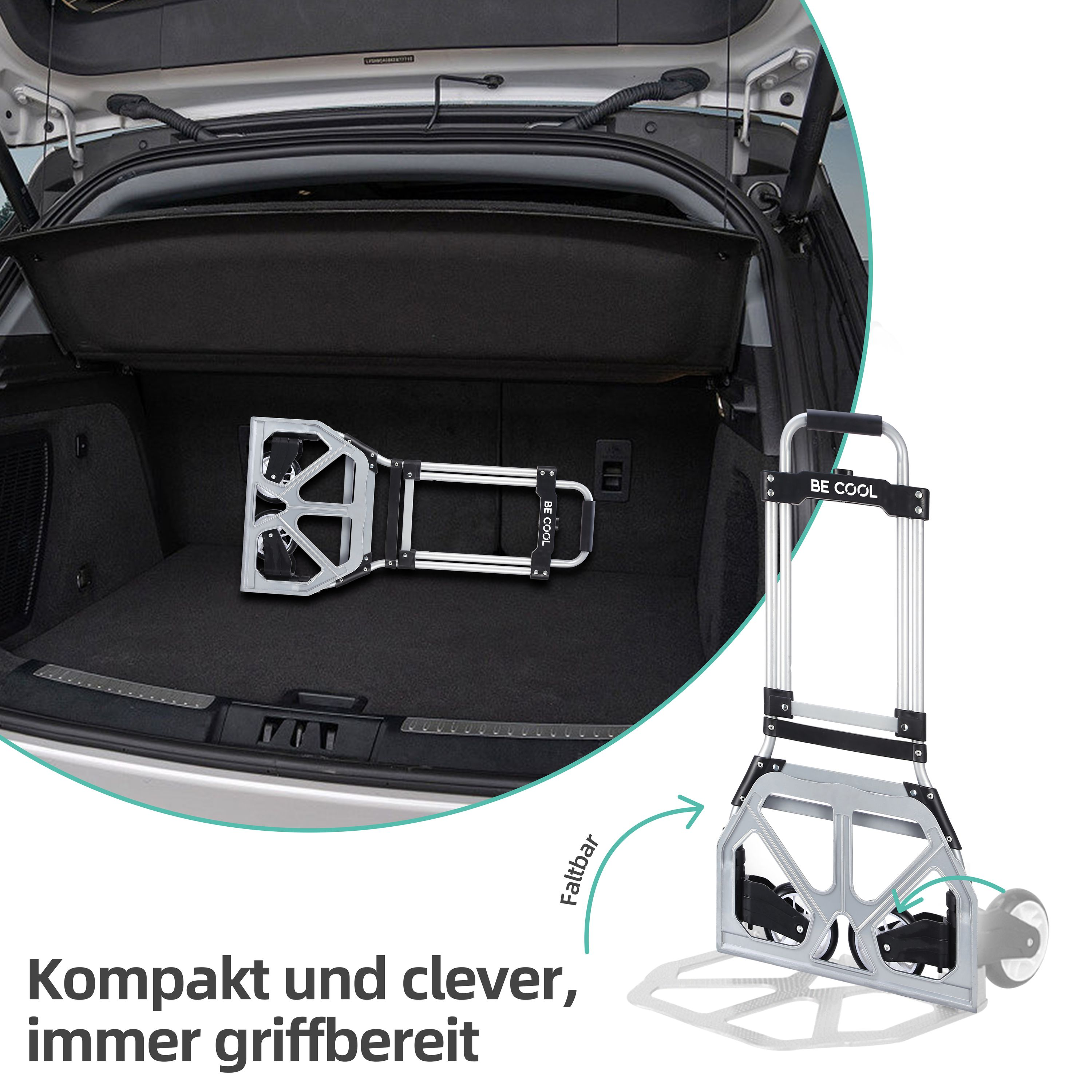 Gefalteter Aluminium-Handwagen im Kofferraum, einsatzbereit, neben einem ausgeklappten.
