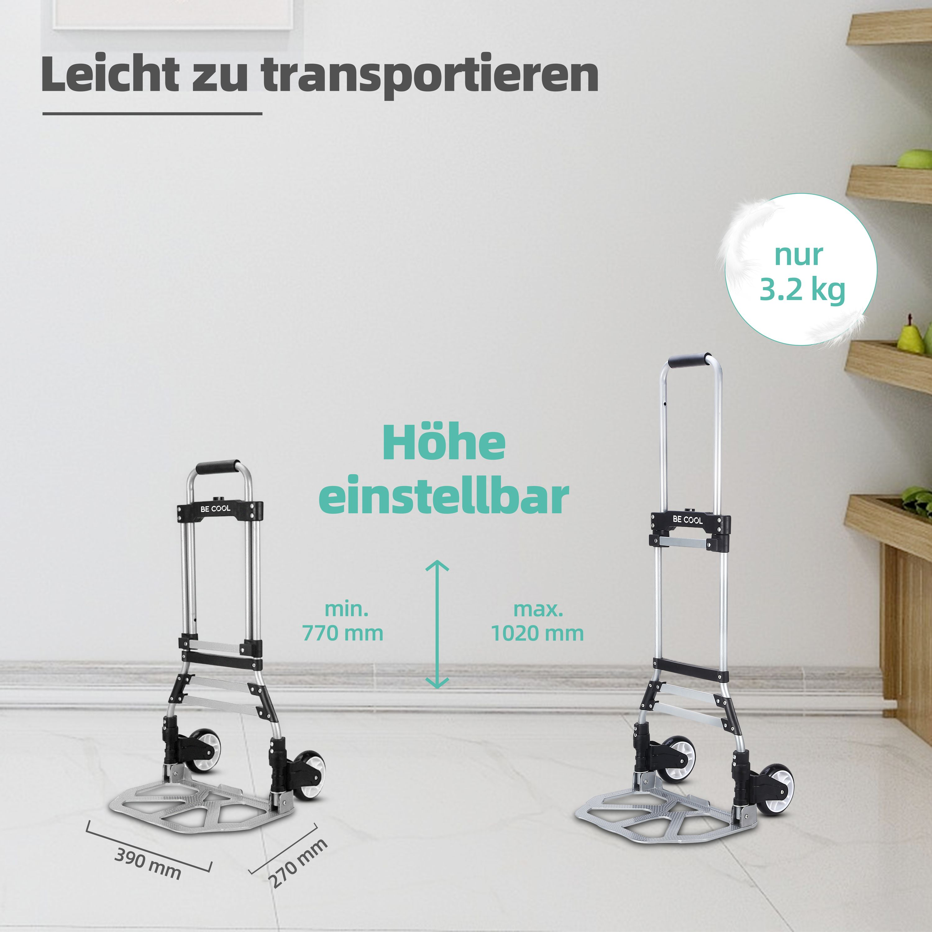 Ein Aluminium-Handwagen, höhenverstellbar, in zwei Positionen gezeigt. Das Gewicht beträgt 3,2 kg.