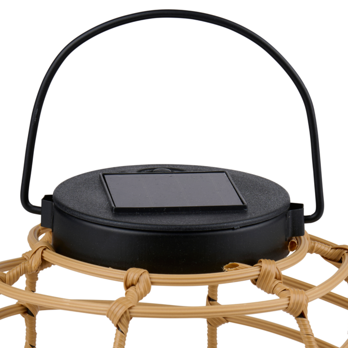 A solar-powered lantern with a black top and a wicker basket design on a white background.