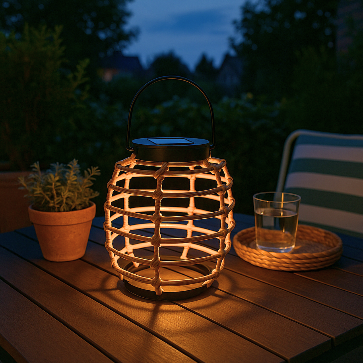 Illuminated rattan lantern on a wooden table. A glass of water and a small tray are also present.