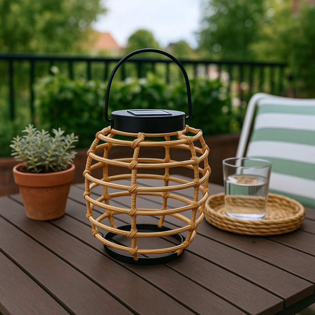 A solar lantern on a wooden table, with plants and a glass of water in the background.