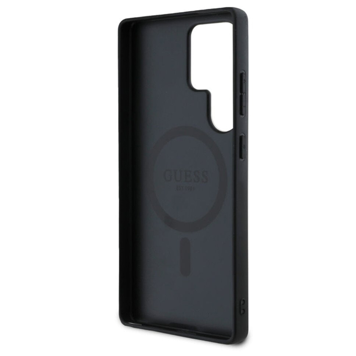 Custodia nera per telefono, il logo Guess è centrato. La custodia ha fori per pulsanti e fotocamera.