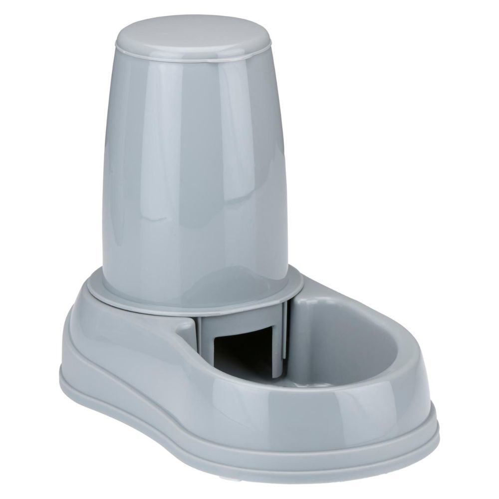 A gray pet feeder with a tall container on top and a bowl below. White background.