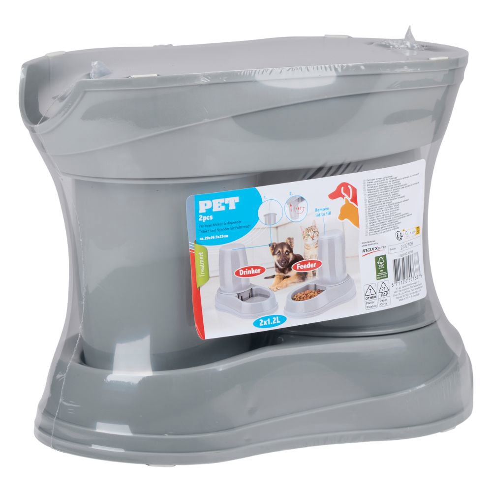 A gray pet feeder in plastic wrap, with a label. The label says PET. White background.