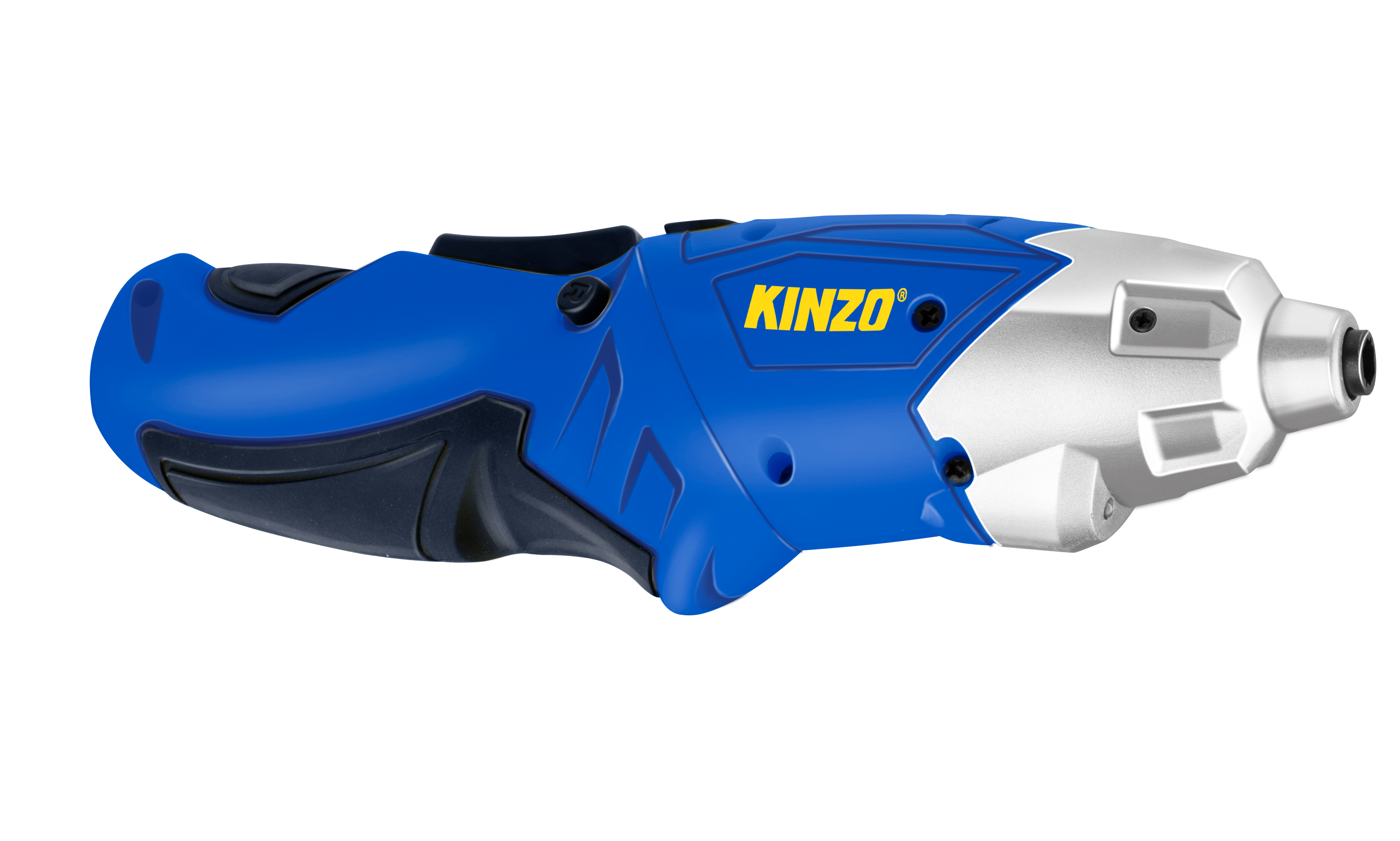 Blauw en zilver Kinzo elektrisch gereedschap. Het is een accuschroevendraaier. Witte achtergrond.