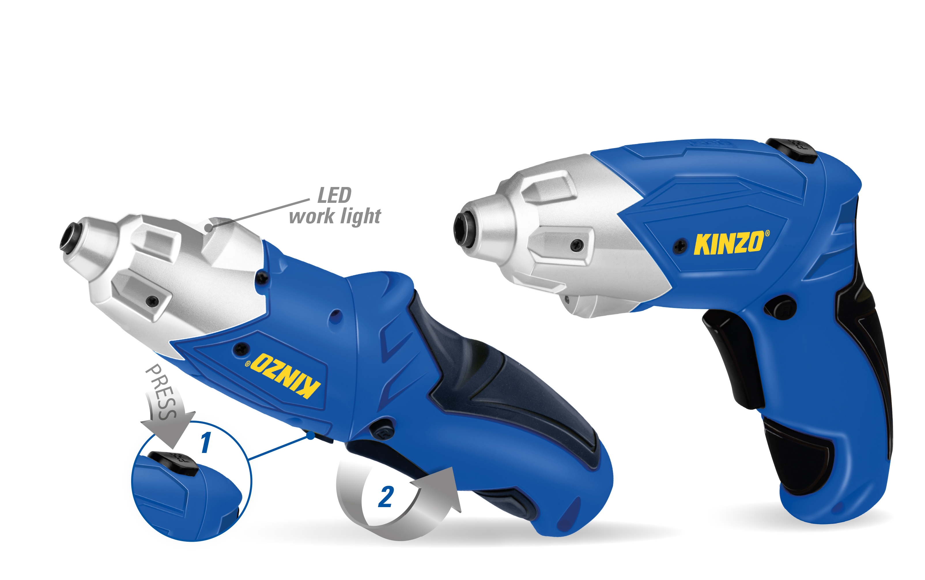 Kinzo accuschroevendraaier. Illustratie van de tool met details en instructies. Witte achtergrond.