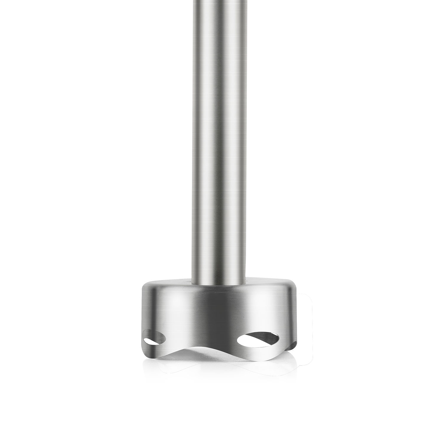 Srebrne mocowanie ręczne blendera na białej powierzchni.