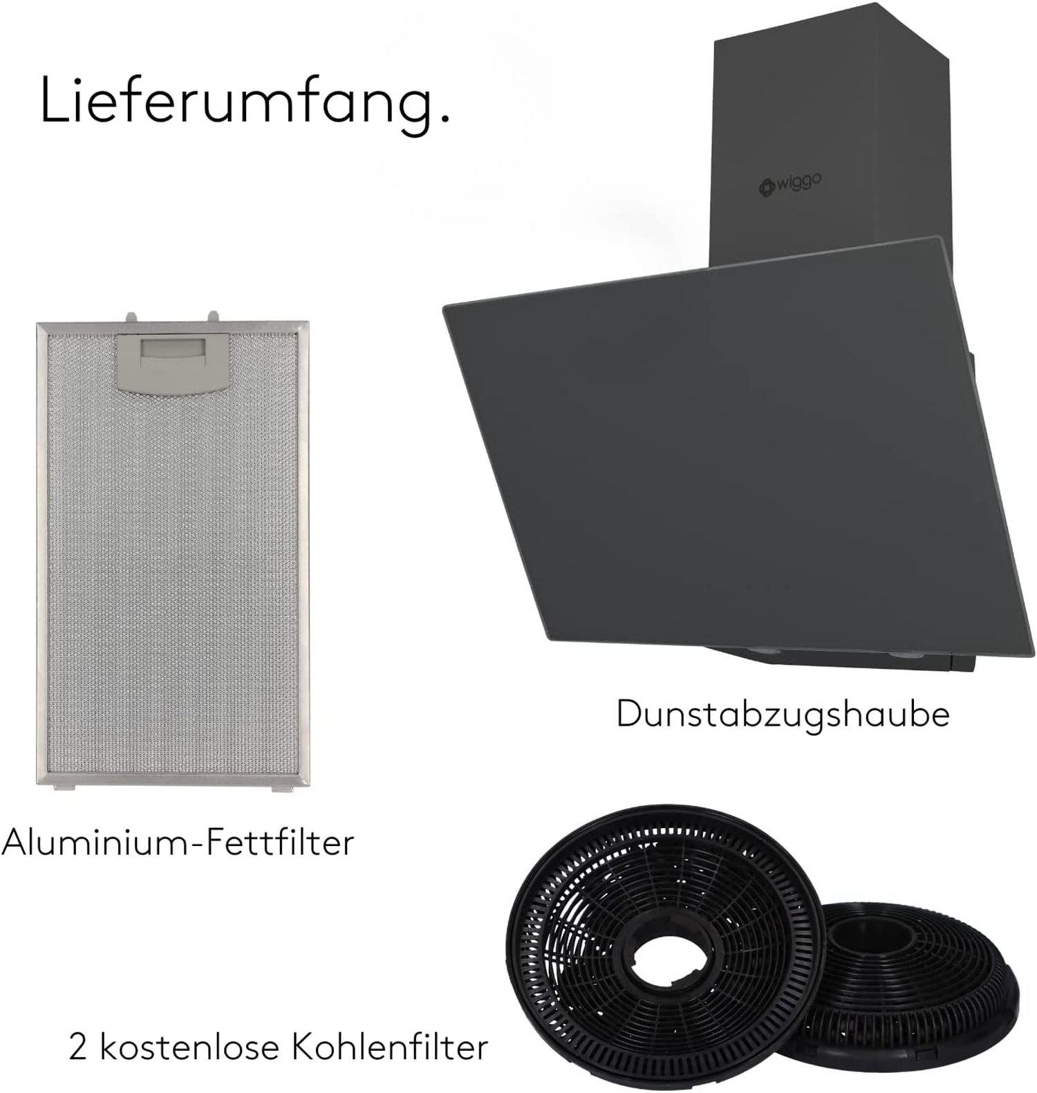 Hotte aspirante avec filtres, informations produit et fond noir.