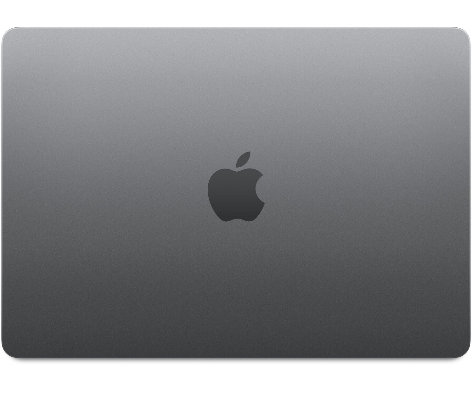 Die Rückseite eines grauen Laptops mit einem Apple-Logo in der Mitte. Das Logo ist eine schwarze Silhouette.