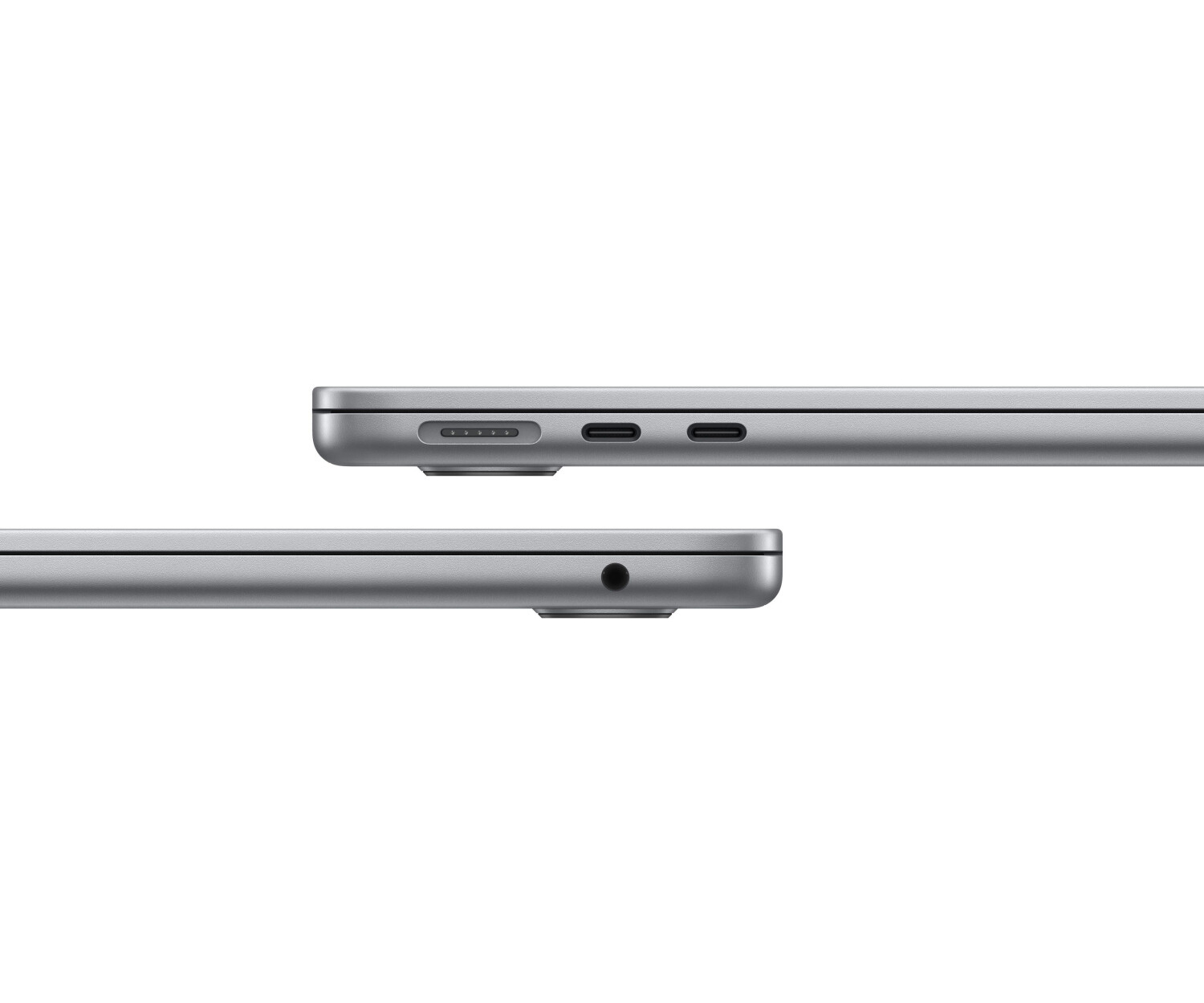 Nahaufnahme der Seite eines Laptops, die Anschlüsse zeigt. Der obere Laptop hat Anschlüsse. Der untere hat einen Anschluss.
