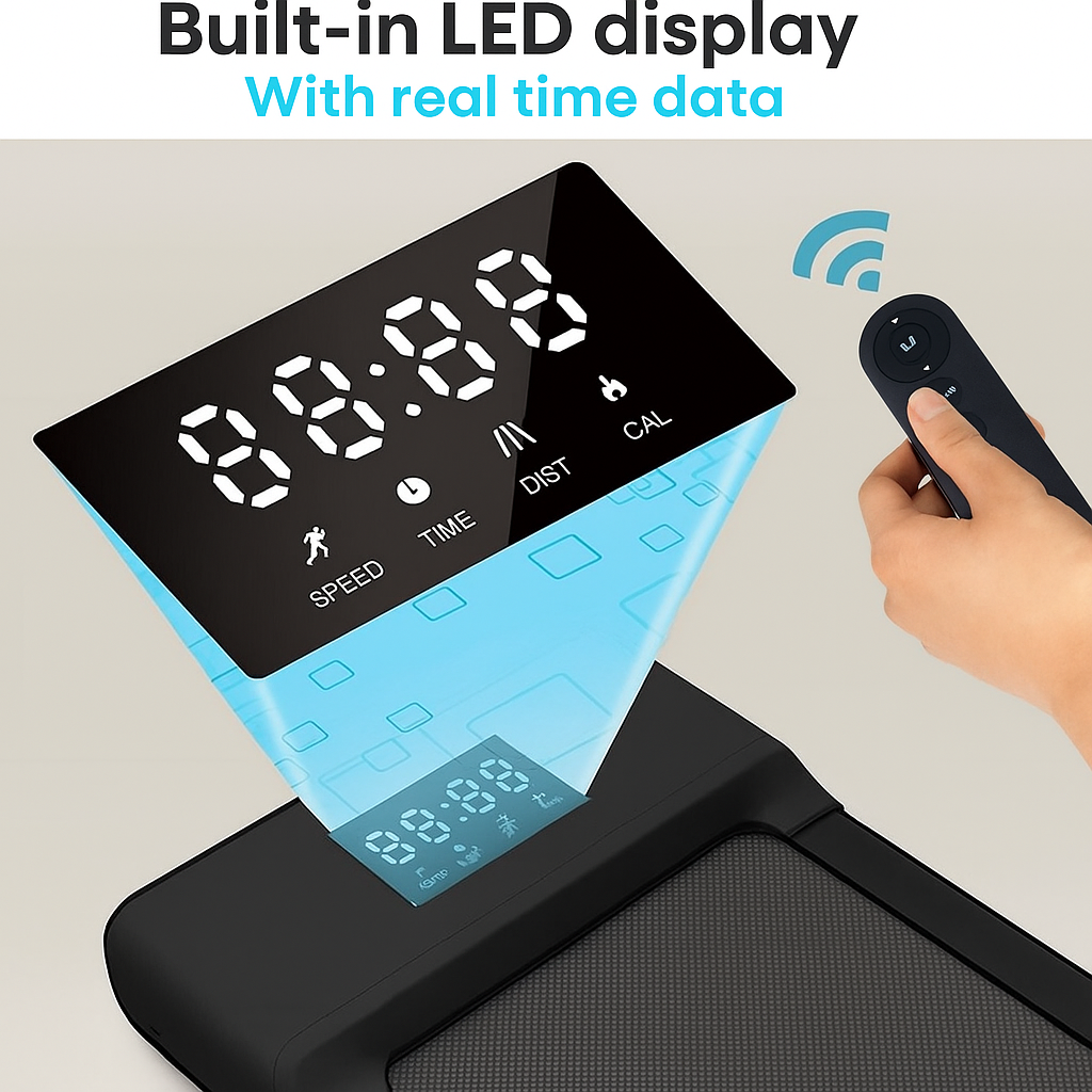 Eingebautes LED-Display auf Laufband mit Echtzeitdaten. Hand hält Fernbedienung.
