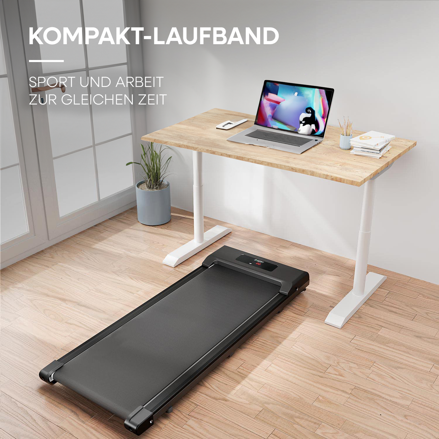 Laufband mit Laptop auf dem Schreibtisch. Text: Kompaktes Laufband. Sport und Arbeit gleichzeitig.
