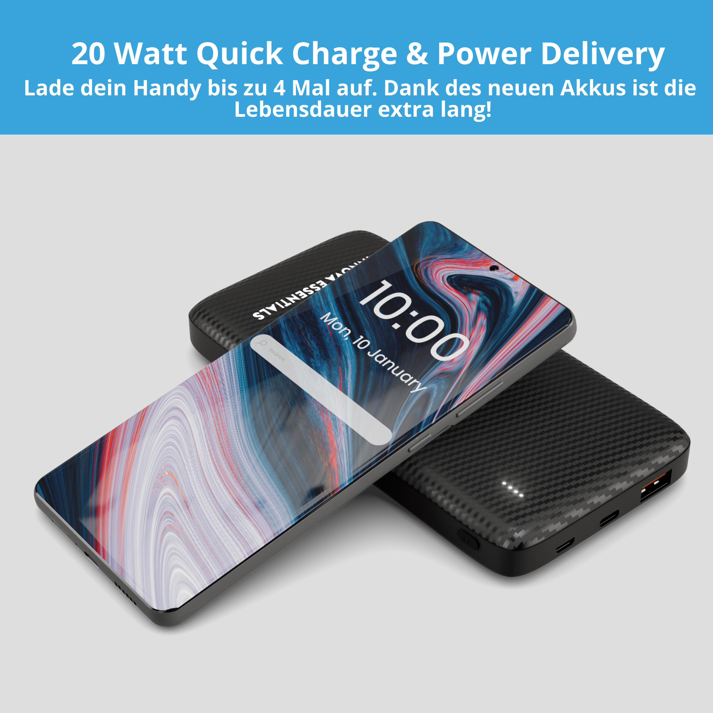 Smartphone, Powerbank und Text über Schnellladung auf hellblauem Hintergrund. Das Telefon zeigt die Uhrzeit.