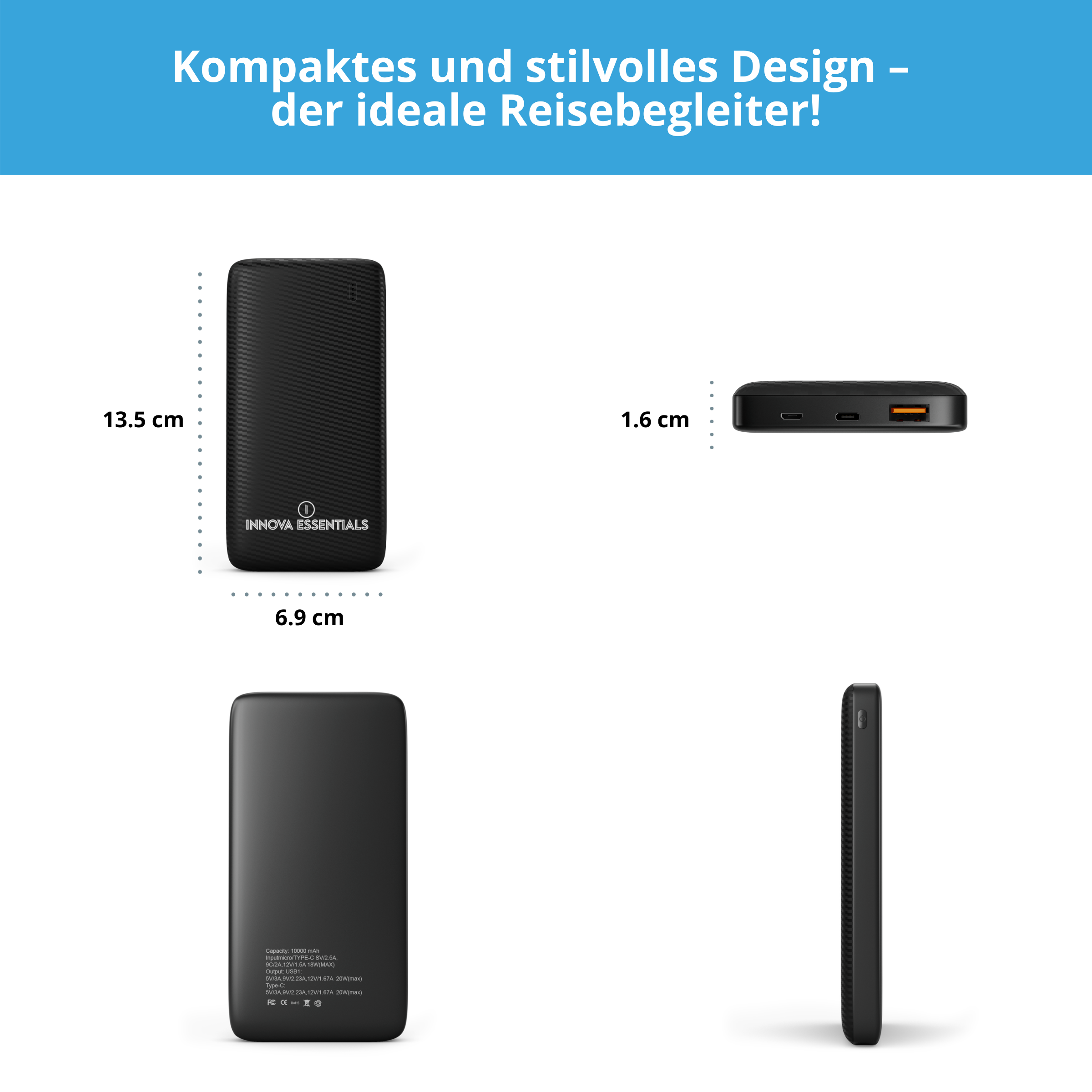 Schwarze Powerbank mit Maßen und Text. Das Gerät hat eine strukturierte Oberfläche. Weißer Hintergrund.