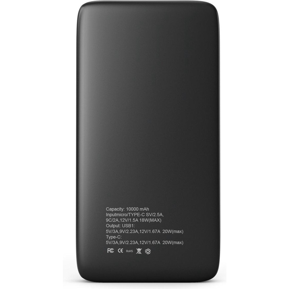 Schwarze Powerbank-Rückseite mit Spezifikationen, einschließlich Kapazität, Ein-/Ausgang und Typ-C- und USB1-Details.