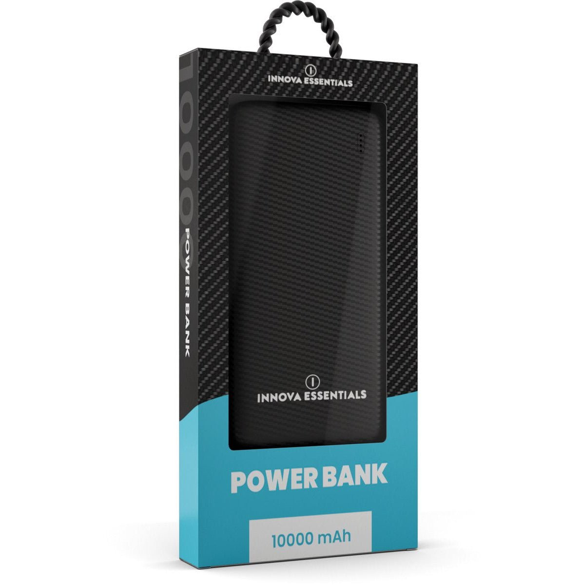 Powerbank in Verpackung. Schwarzes Gerät, blau-weiße Box. Text: Powerbank, 10000 mAh.