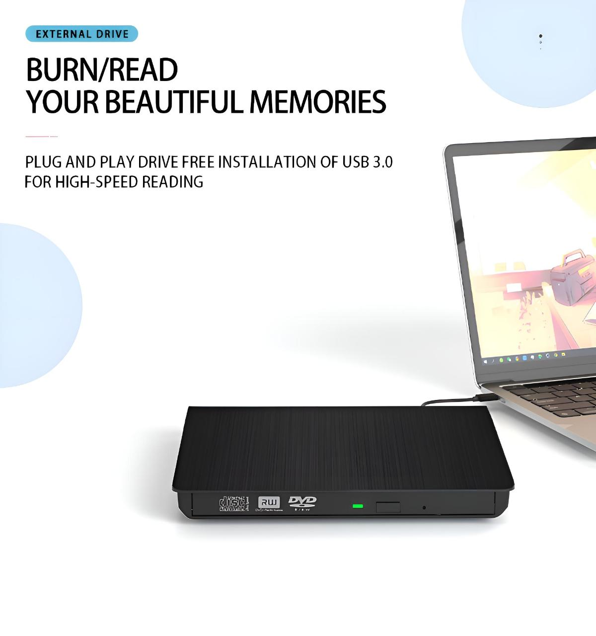 Schwarzer DVD-Brenner mit Text-Overlays. Ein Laptop ist im Hintergrund. USB-Laufwerk.