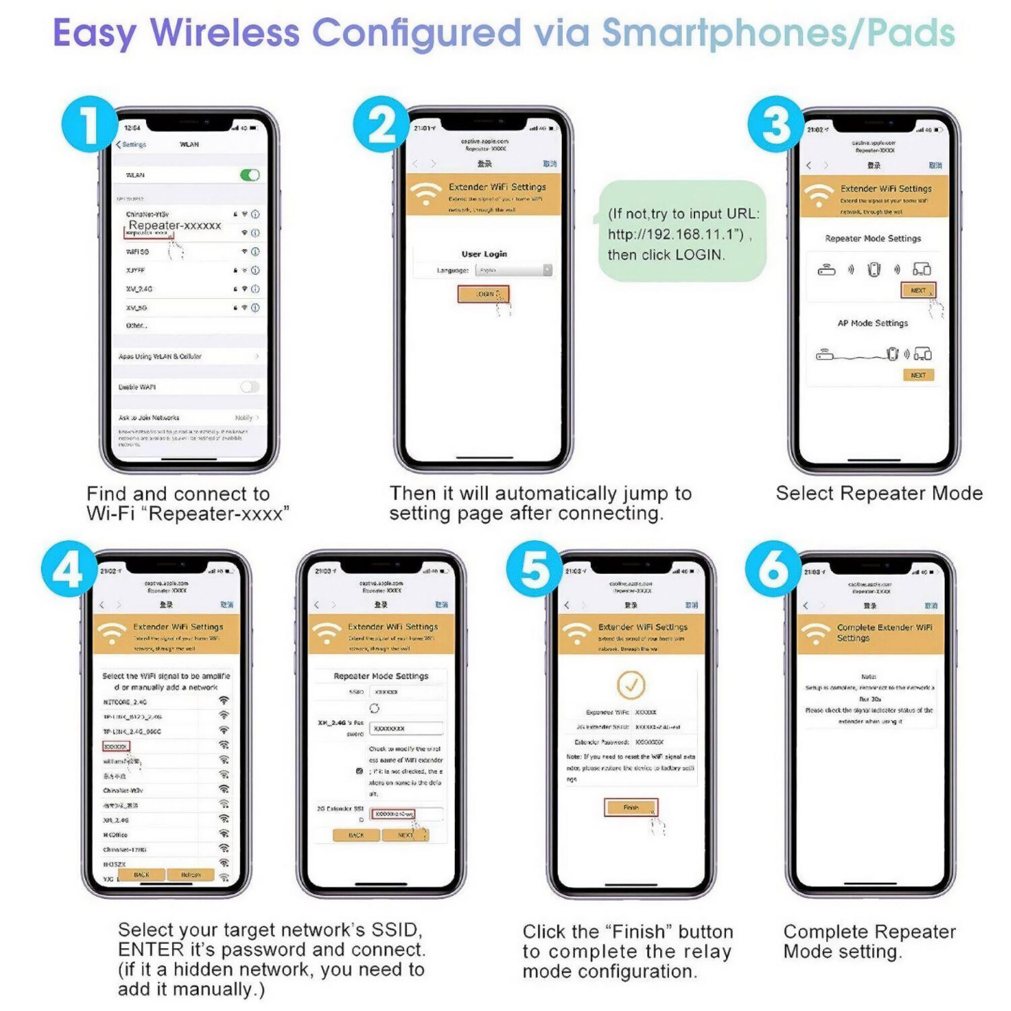 Smartphone-Bildschirme mit Schritten zur Konfiguration der WLAN-Repeater-Einstellungen. Text und Symbole.
