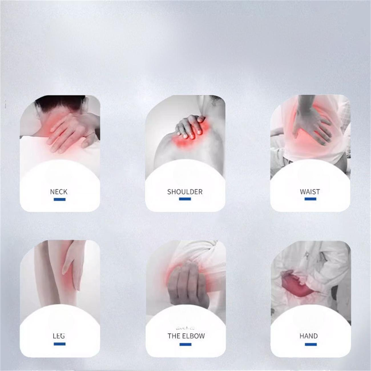 Bilder, die Schmerzbereiche zeigen: Nacken, Schulter, Taille, Bein, Ellbogen und Hand. Rote Markierungen.