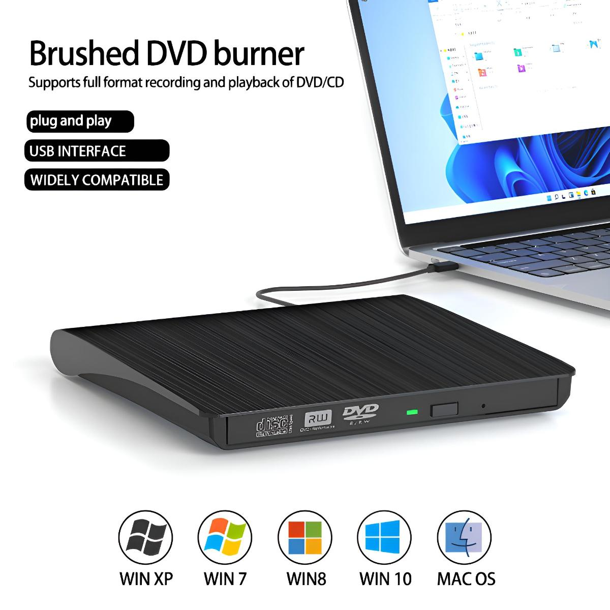 Schwarzer DVD-Brenner, der an einen Laptop angeschlossen ist. Text-Overlays beschreiben seine Funktionen.