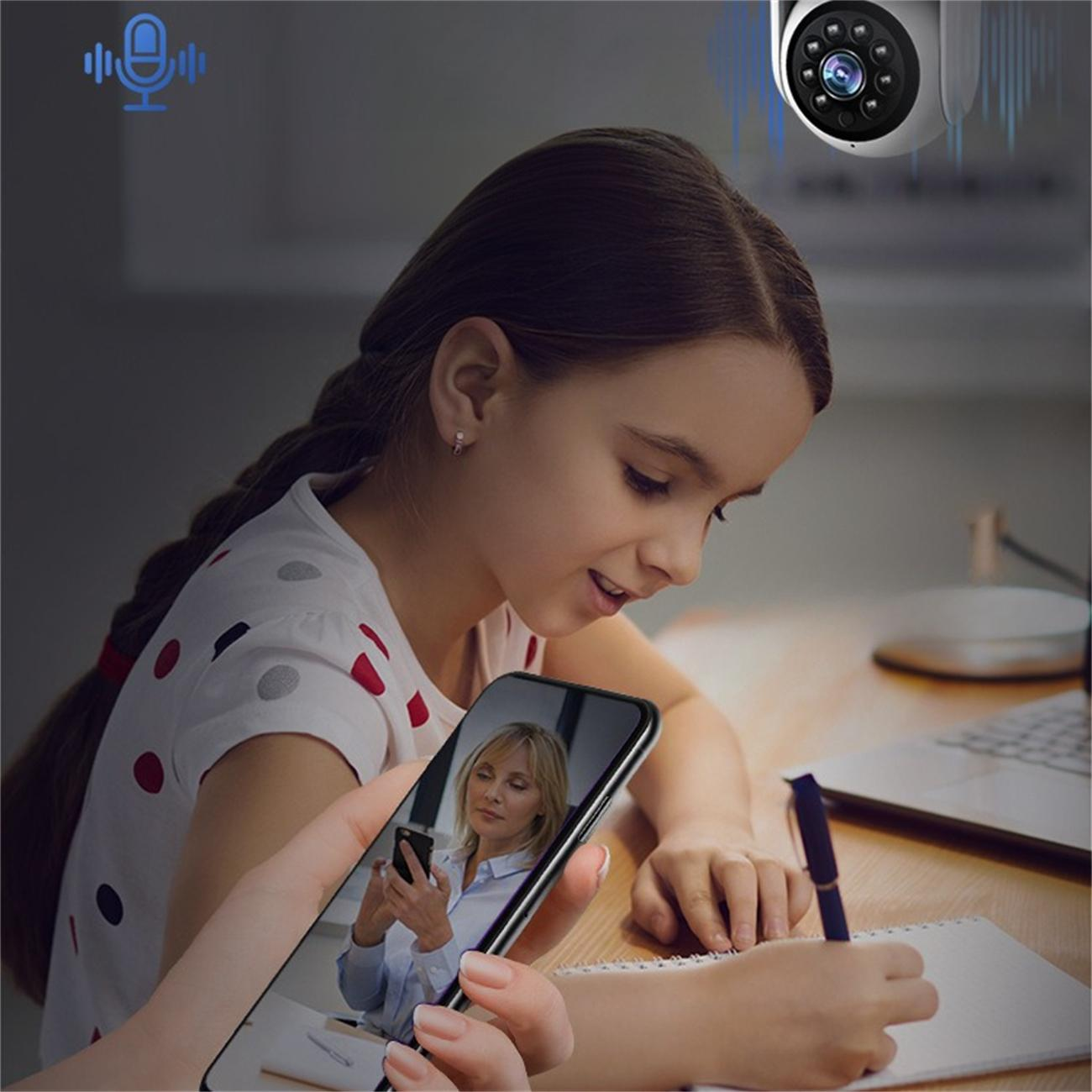 Ein Mädchen betrachtet ein Telefon, das einen Videoanruf zeigt. Eine Überwachungskamera ist sichtbar.