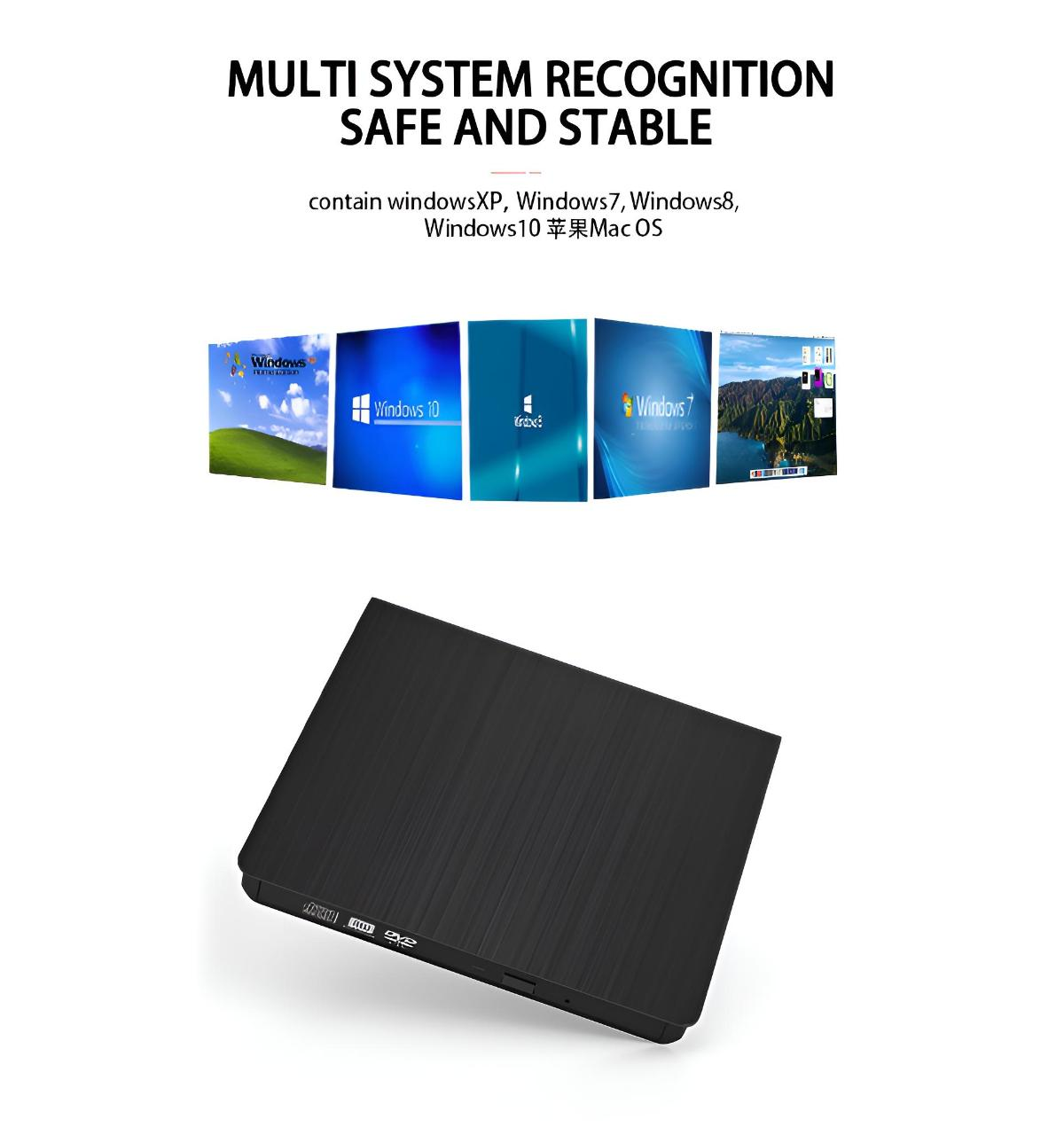 Schwarzes externes CD/DVD-Laufwerk mit Windows-Logos und Text.