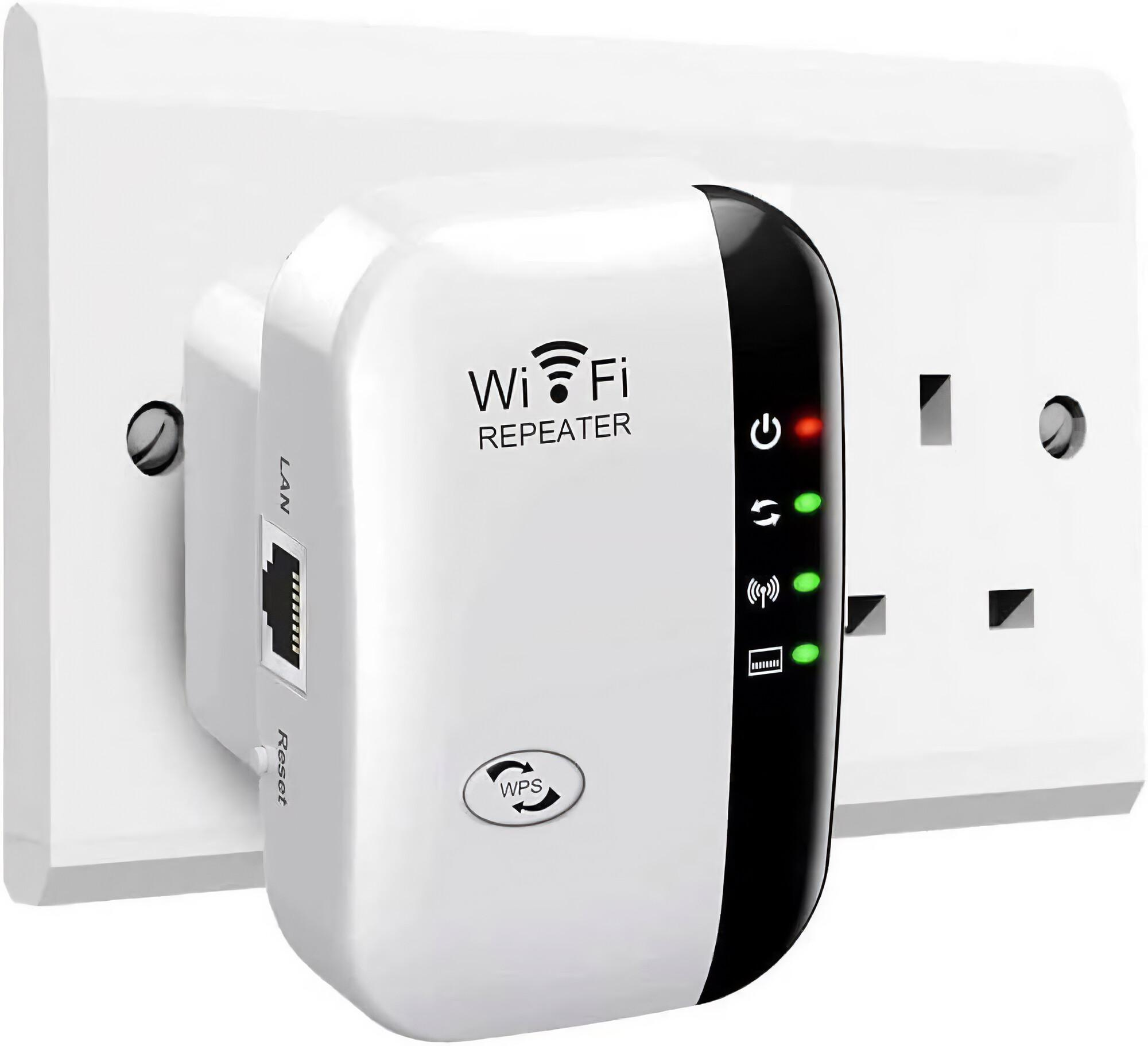 Weißer WLAN-Repeater, der an eine Steckdose angeschlossen ist, mit Statusleuchten.