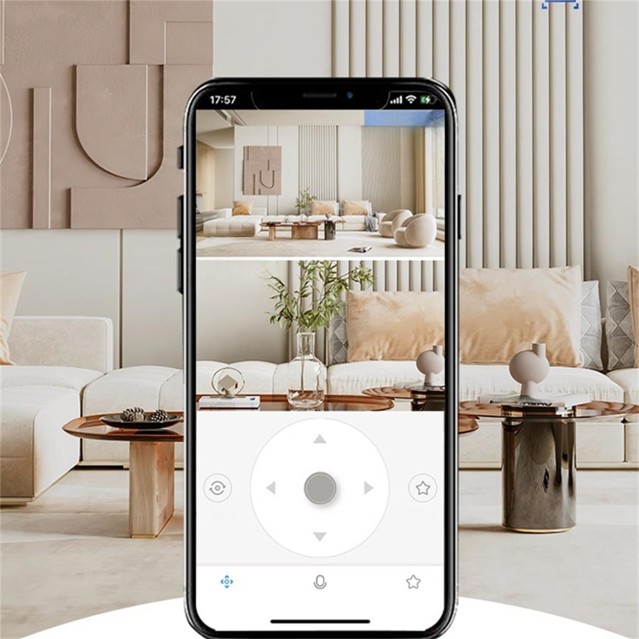 Ein Smartphone-Bildschirm zeigt die Ansicht eines Raumes, der eine moderne Inneneinrichtung mit Möbeln zeigt.