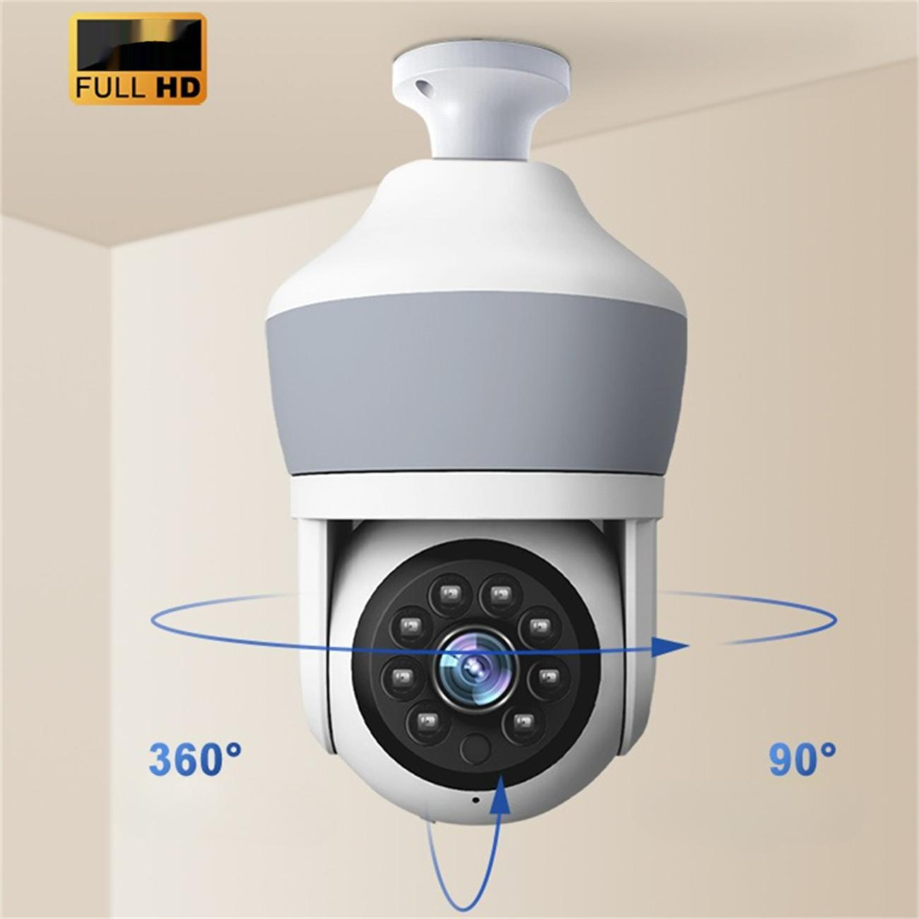 Eine weiße und graue Überwachungskamera an der Decke, die eine 360-Grad-Ansicht mit Pfeilen zeigt.
