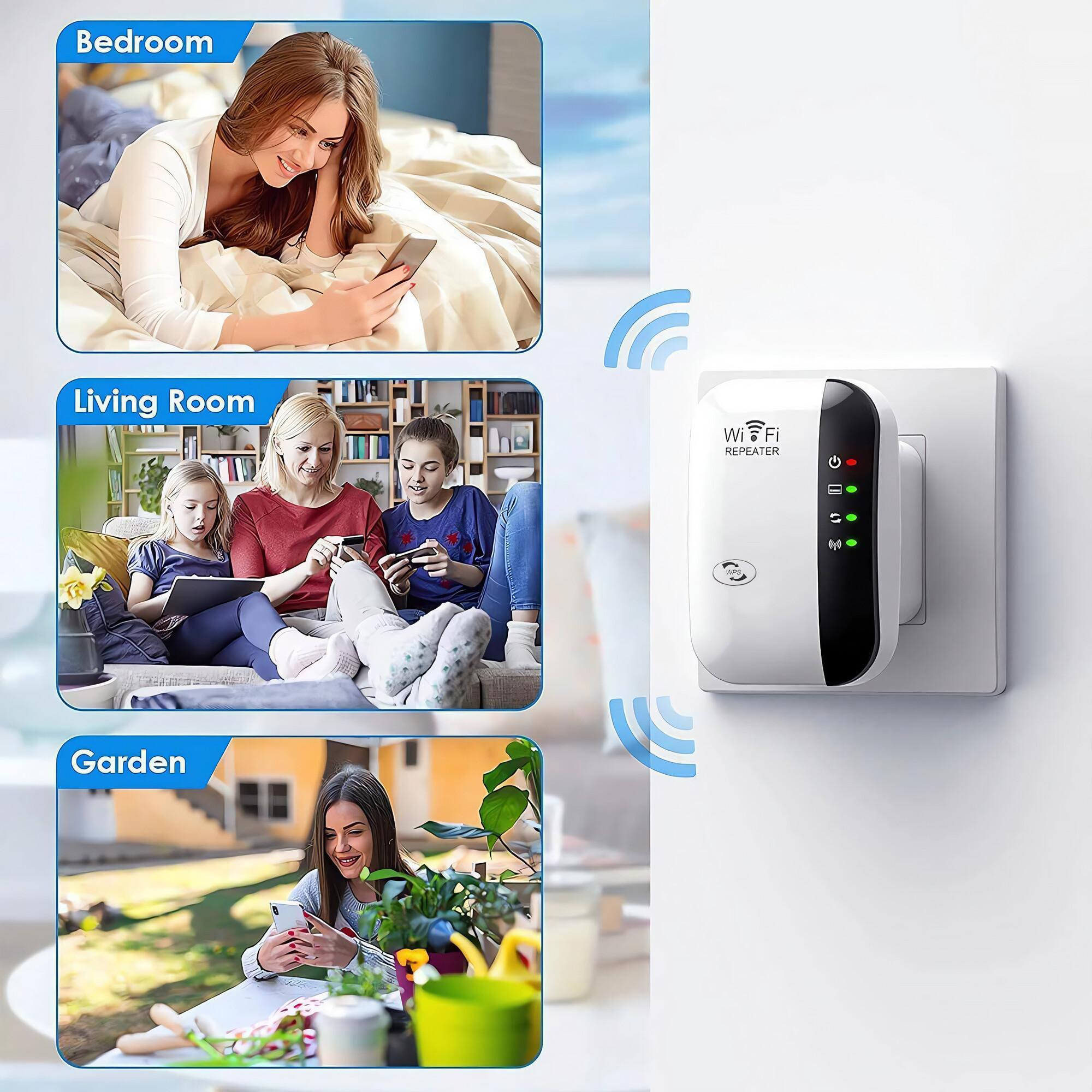 Ein WLAN-Repeater in einer Steckdose, mit Bildern, die seine Verwendung in verschiedenen Räumen zeigen.