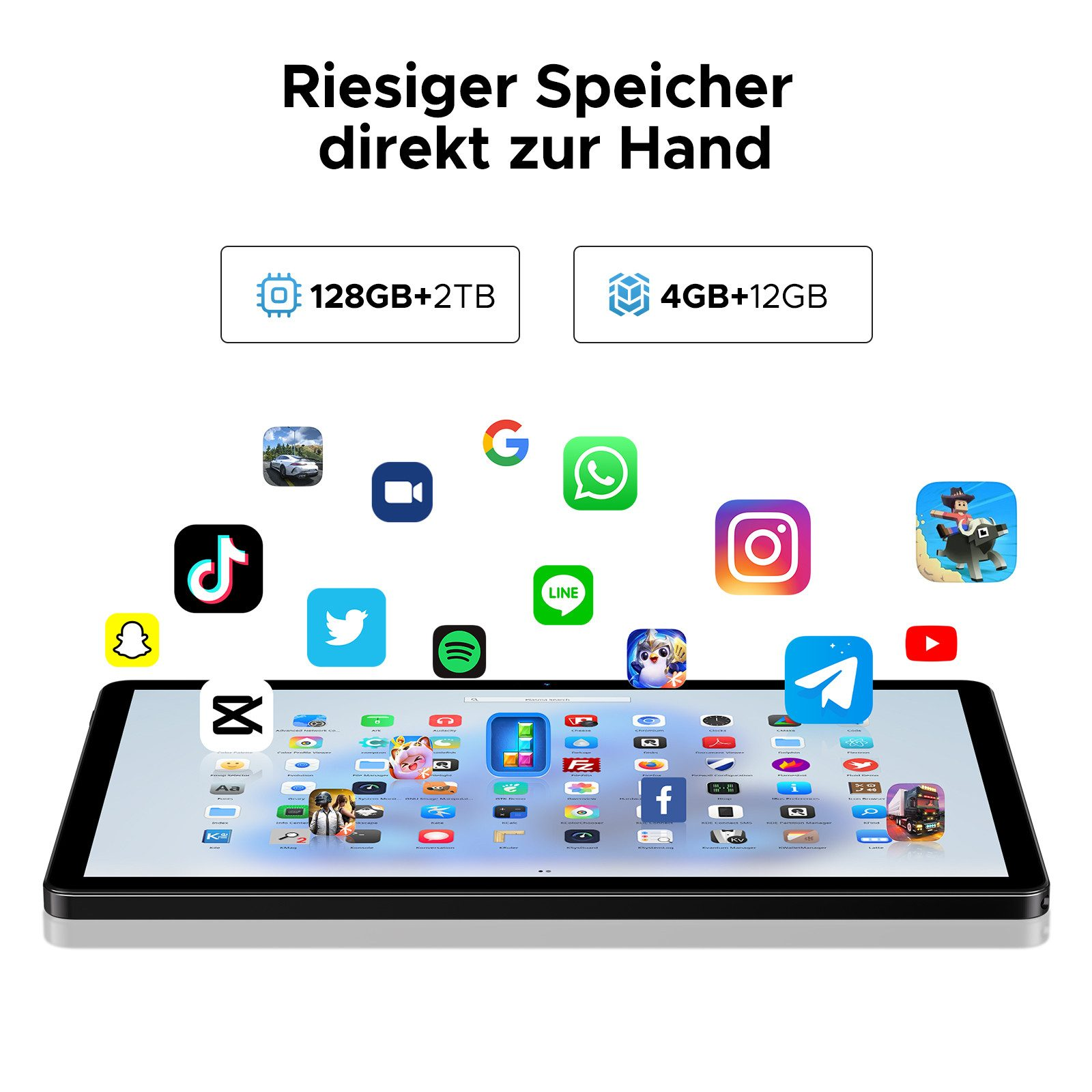 Tablet mit App-Symbolen, die darüber schweben.