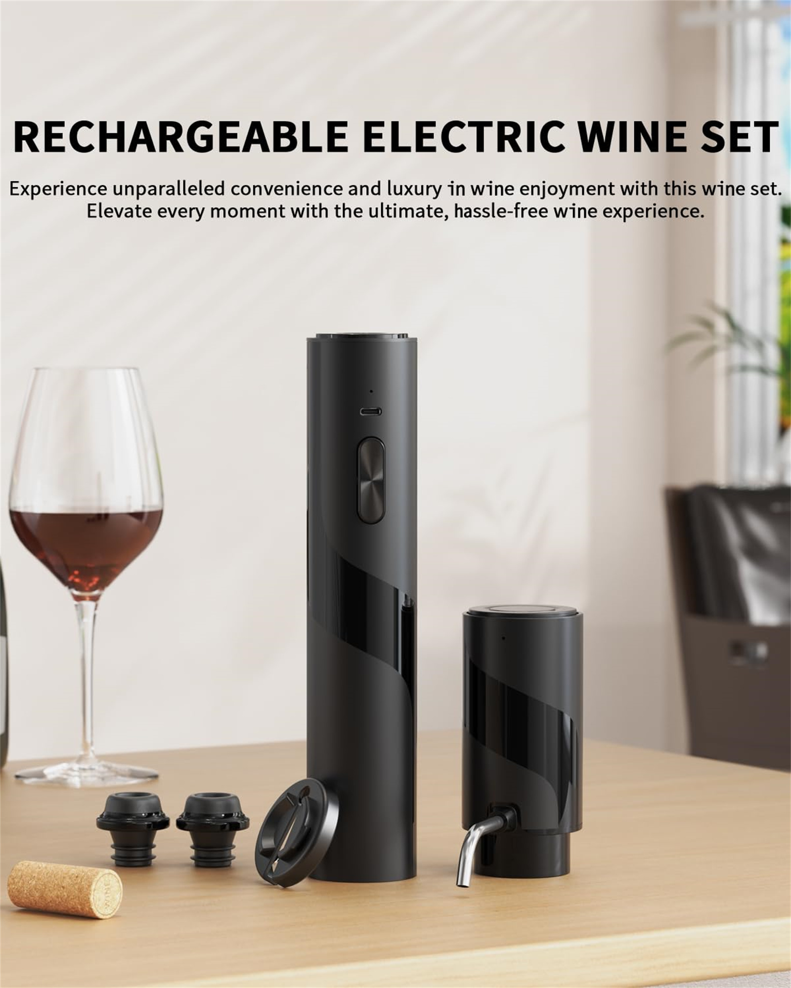 Wiederaufladbares elektrisches Weinset mit Weinglas und Zubehör.