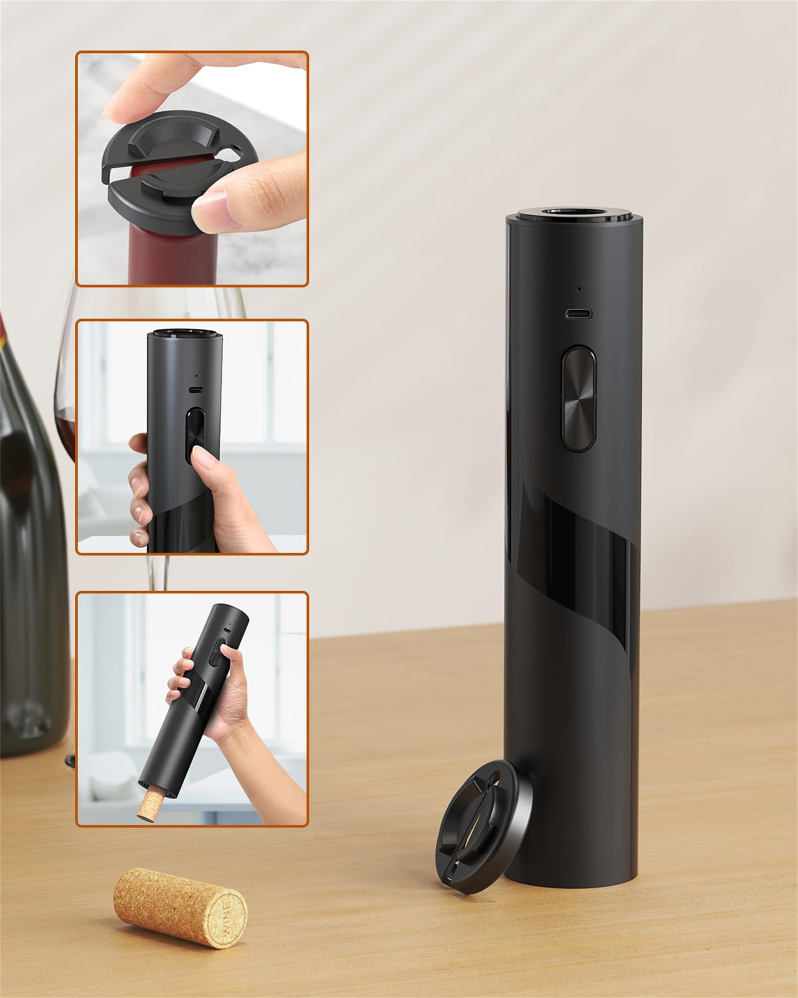 Schwarzer elektrischer Weinöffner mit Weinflasche und Korken, schwarze Kappe auf dem Tisch.