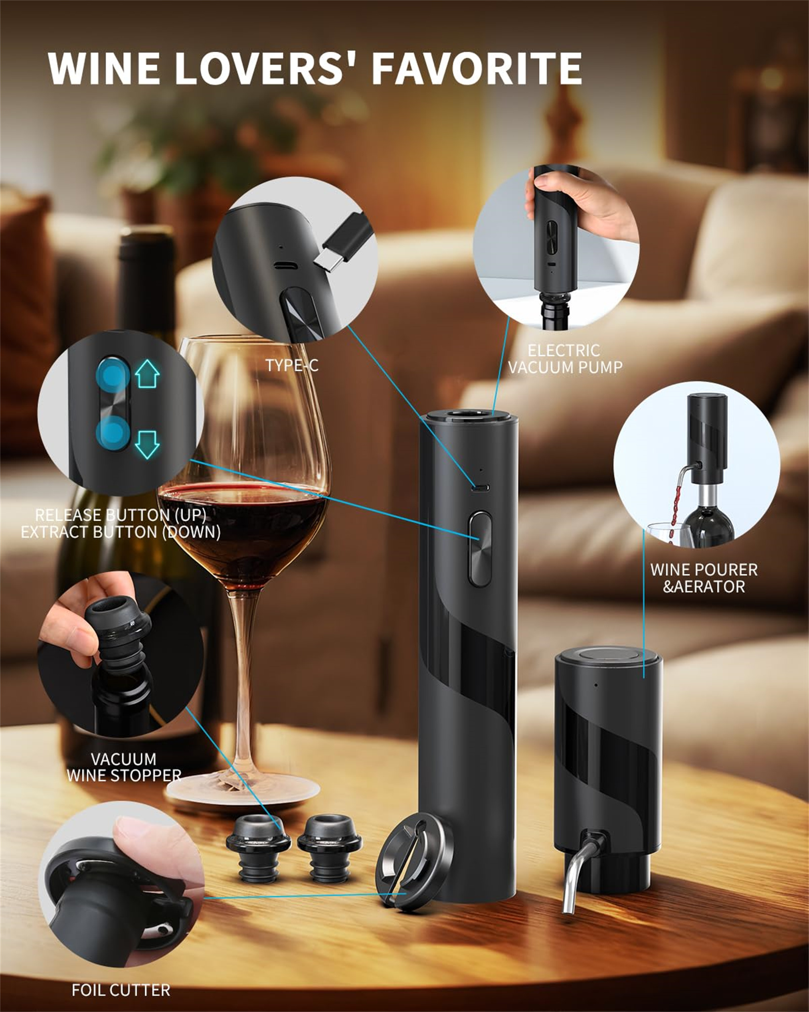 Schwarzer Weinöffner mit Zubehör, Diagrammen, Glas Rotwein und Weinflasche.