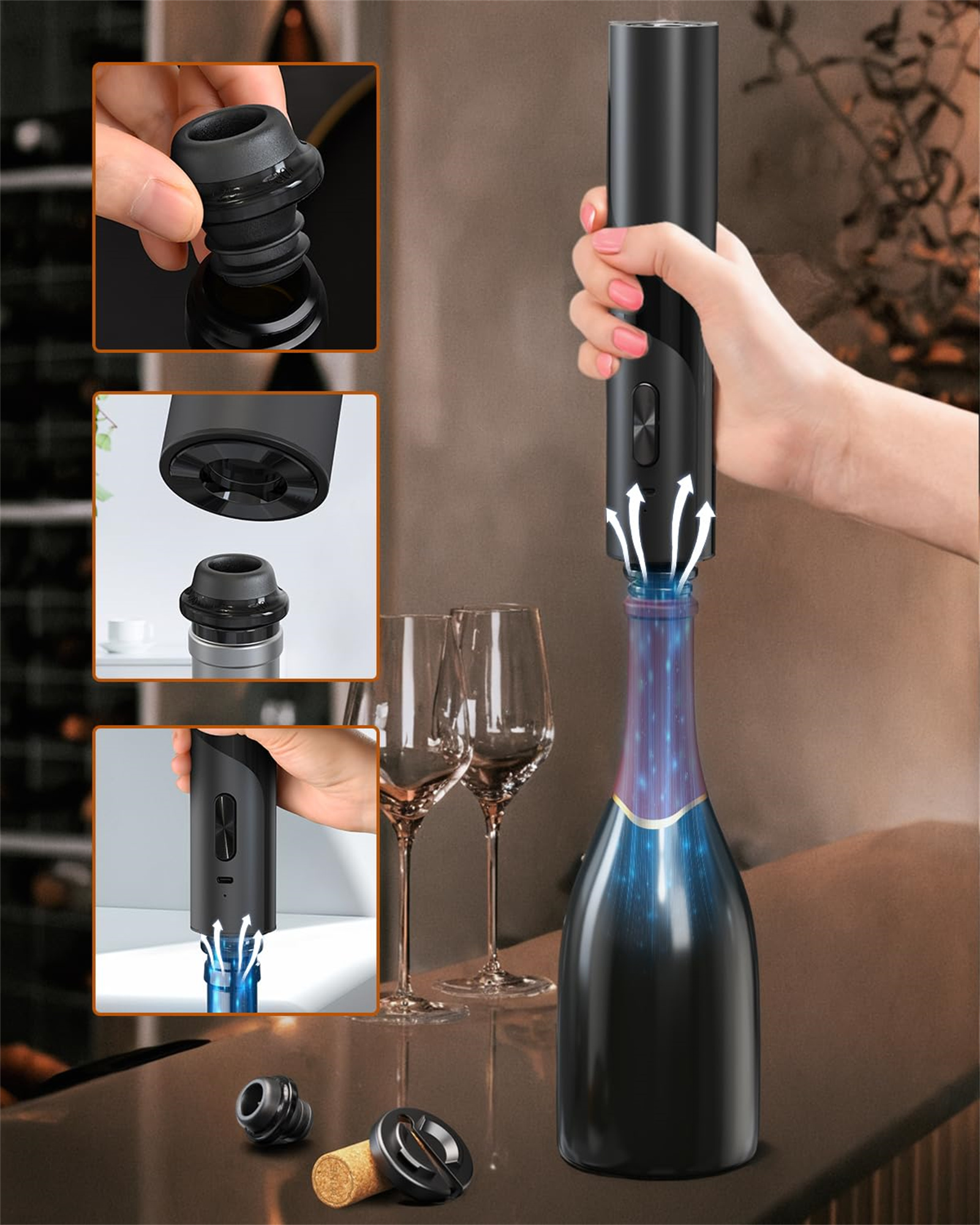 Schwarzer elektrischer Weinöffner öffnet Champagnerflasche mit Pfeilen, die die Richtung zeigen.